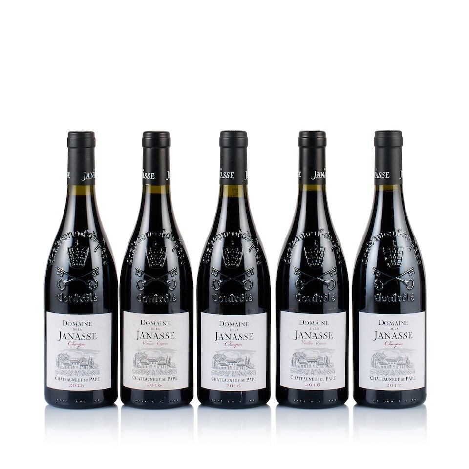 Mixed Lot of Domaine de la Janasse, Châteauneuf-du-Pape, 2016 & 2017 (5 x 750ml): Domaine de la Janasse, Chateauneuf du Pape, Cuvée Vieilles Vignes, 2016 (2 x 750ml) Region: Rhône Valley Fill Level: good Capsule: ok Cork: ok Label: 2x slightly marked Packaging: neutral ca