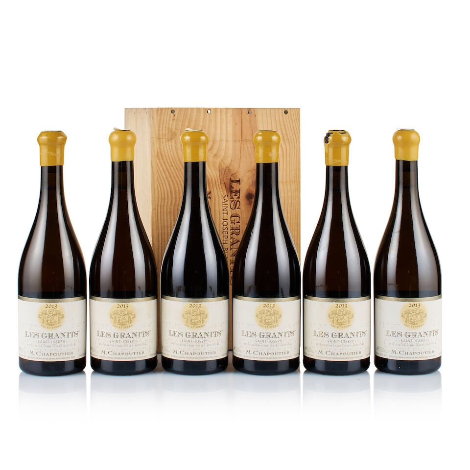 M. Chapoutier, Saint-Joseph, Les Granits, White, 2013 (6 x 750ml): M. Chapoutier, Saint-Joseph, Les Granits, White, 2013 (6 x 750ml) Region: Rhône Valley Fill Level: 6x under 2cm below base of cork Capsule: yellow wax, 1x cracked, 5x ok Cork: ok Label: 6x staine