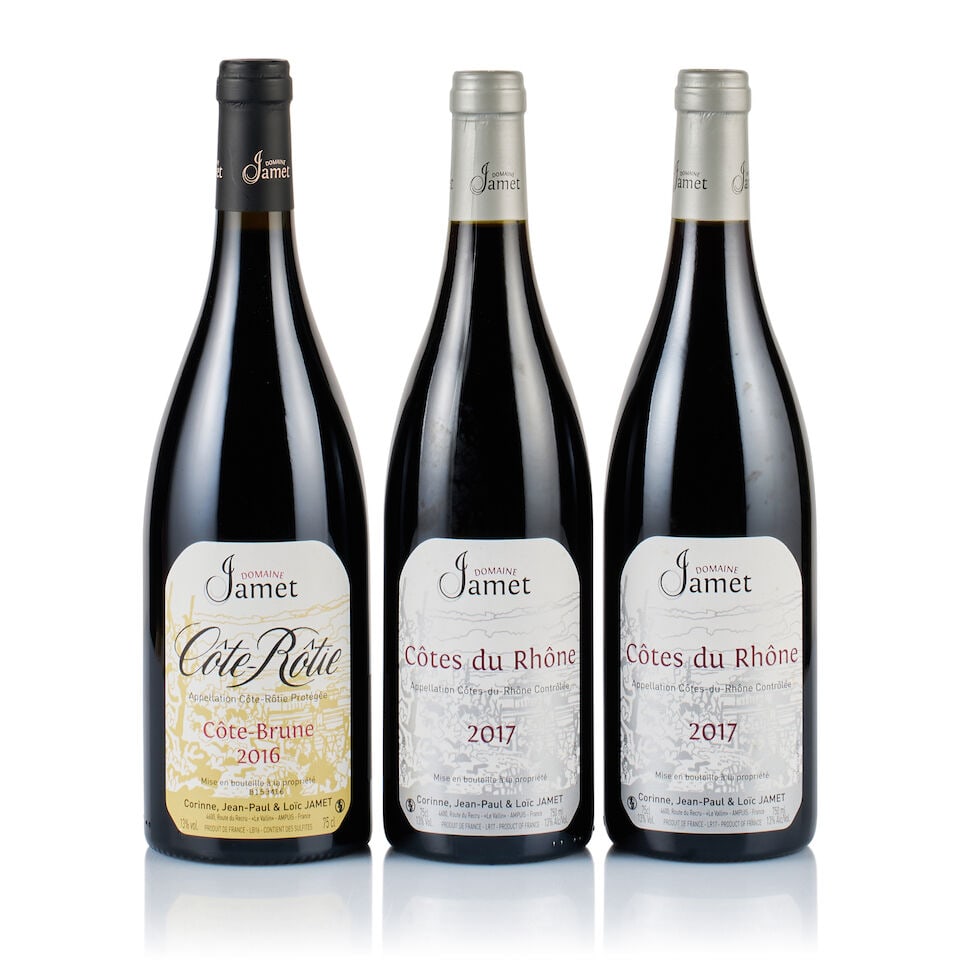 Mixed Lot of Domaine Jamet, 2016 & 2017 (3 x 750ml): Domaine Jamet, Côte-Rôtie, Côte Brune, 2016 (1 x 750ml) Region: Rhône Valley Fill Level: good Capsule: ok Cork: ok Label: excellent appearance Packaging: neutral carton Alcohol Con