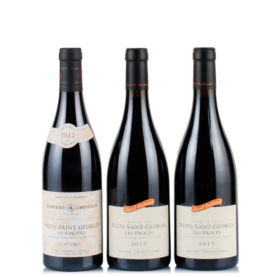 Mixed Lot of Nuits-Saint-Georges 1er Crus, 2012 & 2013 (3 x 750ml): David Duband, Nuits-Saint-Georges 1er Cru, Les Procès, 2013 (2 x 750ml) Region: Burgundy Fill Level: 2x under 1cm below base of capsules Capsule: ok Cork: ok Label: 1x slightly marked at the bott