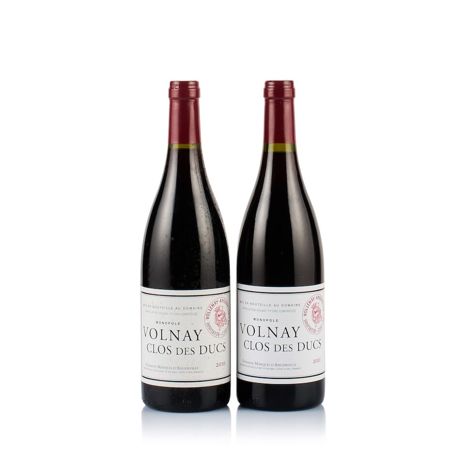 Domaine Marquis d'Angerville, Volnay, Clos des Ducs, 2010 & 2011 (2 x 750ml): Domaine Marquis d'Angerville, Volnay, Clos des Ducs, 2010 (1 x 750ml) Region: Burgundy Fill Level: good Capsule: ok Cork: ok Label: stained Packaging: neutral carton Alcohol Content: 13.5% Domaine Mar