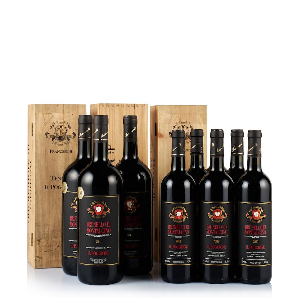 Il Poggione, Brunello di Montalcino, 2004 & 2010 (6 x 750ml & 3 x Magnum): Il Poggione, Brunello di Montalcino, 2004 (3 x Magnum) Region: Tuscany Fill Level: 3x base of neck Capsule: ok Cork: 2x ok, 1x very slightly depressed Label: excellent appearance Packaging: 3x