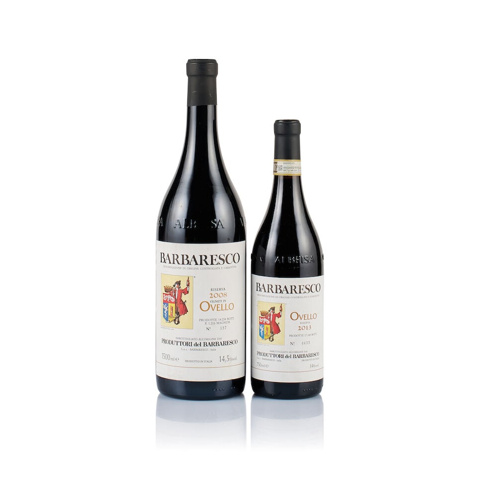 Produttori del Barbaresco, Barbaresco Riserva, Ovello, 2008 & 2013 (1 x 750ml & 1 x Magnum): Produttori del Barbaresco, Barbaresco Riserva, Ovello, 2008 (1 x Magnum) Region: Piedmont Fill Level: under 2cm below base of capsule Capsule: ok Cork: ok Label: stained and marked Packaging: original
