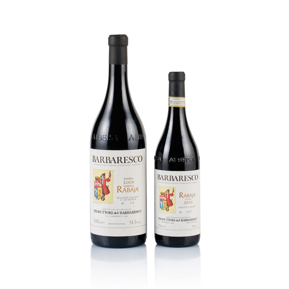Produttori del Barbaresco, Barbaresco Riserva, Rabaja, 2008 & 2013 (1 x 750ml & 1 x Magnum): Produttori del Barbaresco, Barbaresco Riserva, Rabaja, 2008 (1 x Magnum) Region: Piedmont Fill Level: under 1.5cm below base of capsule Capsule: ok Cork: ok Label: stained and marked Packaging: origin