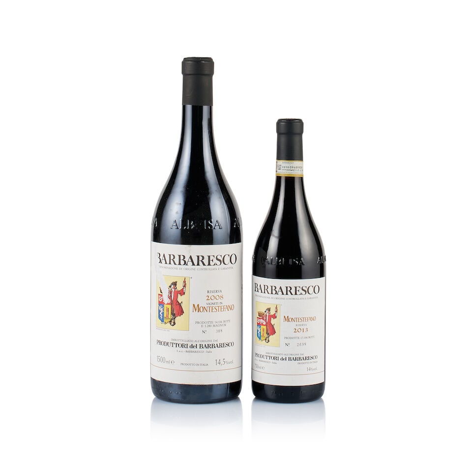 Produttori del Barbaresco, Barbaresco Riserva, Montestefano, 2008 & 2013 (1 x 750ml & 1 x Magnum): Produttori del Barbaresco, Barbaresco Riserva, Montestefano, 2008 (1 x Magnum) Region: Piedmont Fill Level: under 2cm below base of capsule Capsule: ok Cork: ok Label: slightly marked and stained Pack