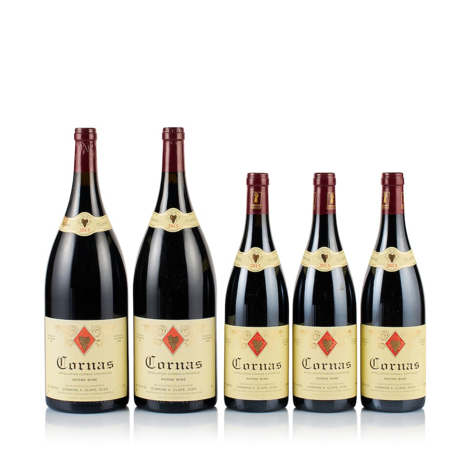 Domaine A. Clape, Cornas, 2013 (3 x 750ml & 2 x Magnum): Domaine A. Clape, Cornas, 2013 (3 x 750ml) Region: Rhône Valley Fill Level: 3x under 1.5cm below base of capsules Capsule: ok Cork: 1x very slightly depressed, 2x ok Label: 3x with red marks