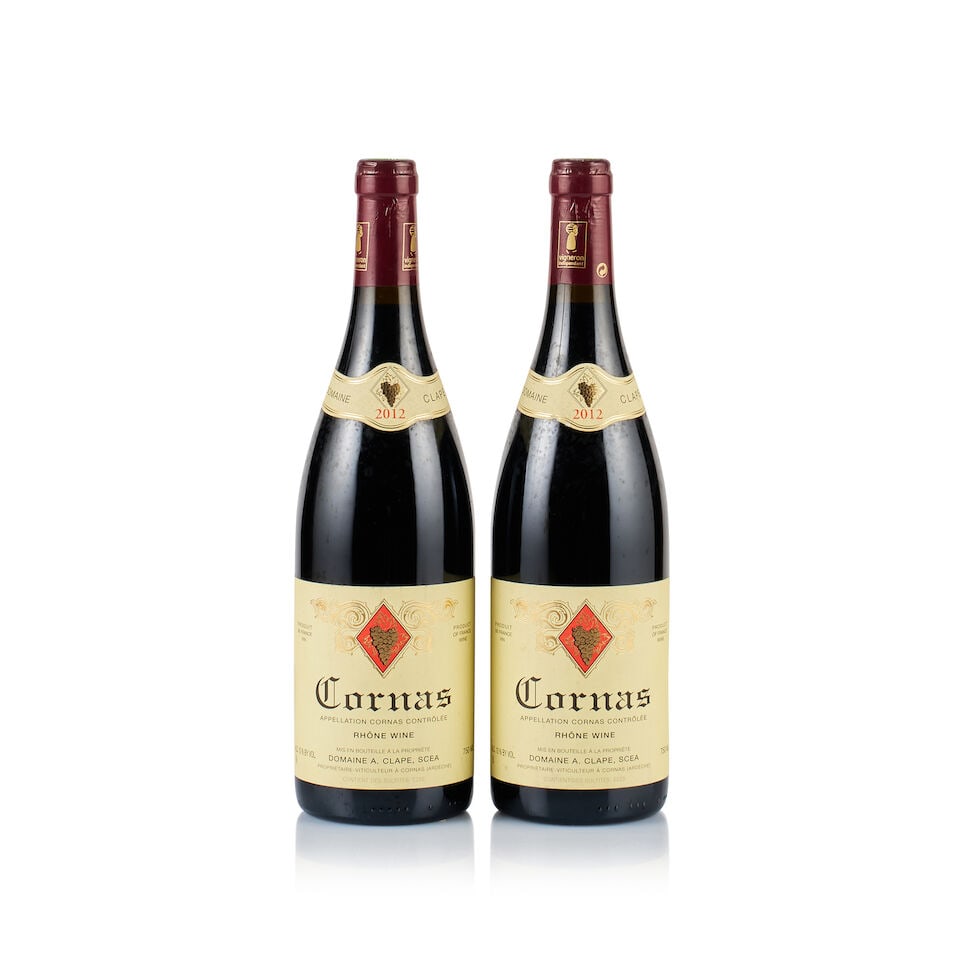 Domaine A. Clape, Cornas, 2012 (2 x 750ml): Domaine A. Clape, Cornas, 2012 (2 x 750ml) Region: Rhône Valley Fill Level: 2x under 0.5cm below base of capsules Capsule: 2x corroded Cork: ok Label: 2x very slightly bin-soiled Packaging: neutr