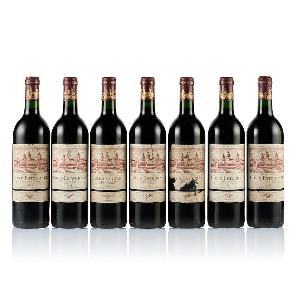 Château Cos d'Estournel, Saint-Estèphe, Grand Cru Classé, 1988 (7 x 750ml): Château Cos d'Estournel, Saint-Estèphe, Grand Cru Classé, 1988 (7 x 750ml) Region: Bordeaux Fill Level: 7x into neck Capsule: 7x bin-soiled Cork: 1x raised, 6x ok Label: 3x badly bin-so