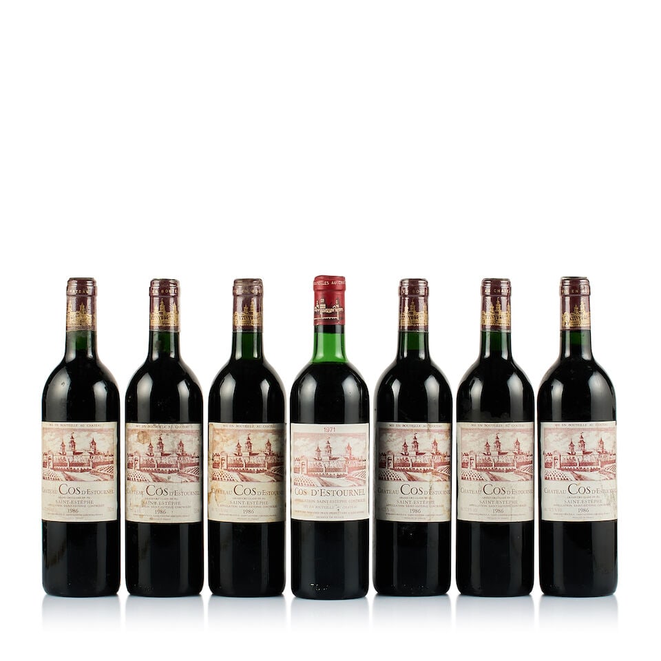 Château Cos d'Estournel, Saint-Estèphe, Grand Cru Classé, 1971 & 1986 (7 x 750ml): Château Cos d'Estournel, Saint-Estèphe, Grand Cru Classé, 1971 (1 x 750ml) Region: Bordeaux Fill Level: mid shoulder Capsule: ok Cork: very slightly depressed Label: bin-soiled, marked 
