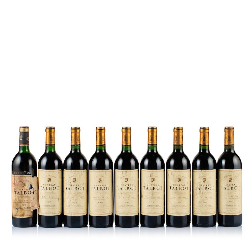 Château Talbot, Saint-Julien, Grand Cru Classé, 1985 & 1990 (9 x 750ml): Château Talbot, Saint-Julien, Grand Cru Classé, 1985 (1 x 750ml) Region: Bordeaux Fill Level: very top shoulder Capsule: slightly corroded Cork: very slightly depressed Label: badly