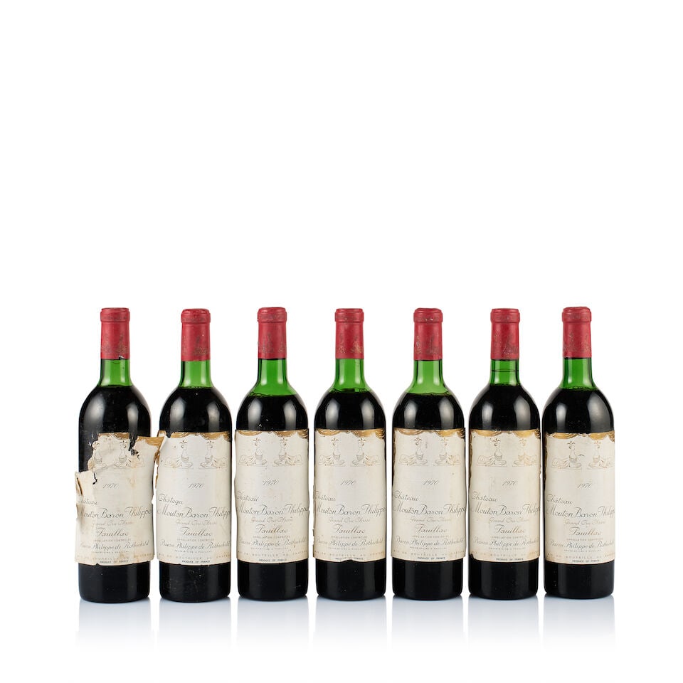 Château Mouton Baron Philippe, Pauillac, Grand Cru Classé, 1970 (7 x 750ml): Château Mouton Baron Philippe, Pauillac, Grand Cru Classé, 1970 (7 x 750ml) Region: Bordeaux Fill Level: 3x very top shoulder, 3x mid shoulder, 1x top shoulder Capsule: 7x corroded Cork: