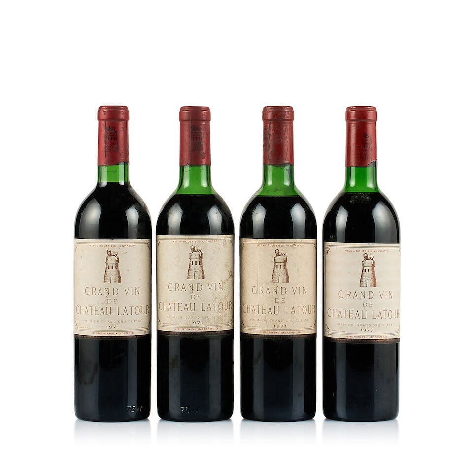 Château Latour, Pauillac, 1er Grand Cru Classé, 1971 & 1973 (4 x 750ml): Château Latour, Pauillac, 1er Grand Cru Classé, 1971 (3 x 750ml) Region: Bordeaux Fill Level: 1x mid-shoulder, 1x upped-shoulder, 1x base of neck Capsule: 3x bin-soiled and stained Cork: 3x