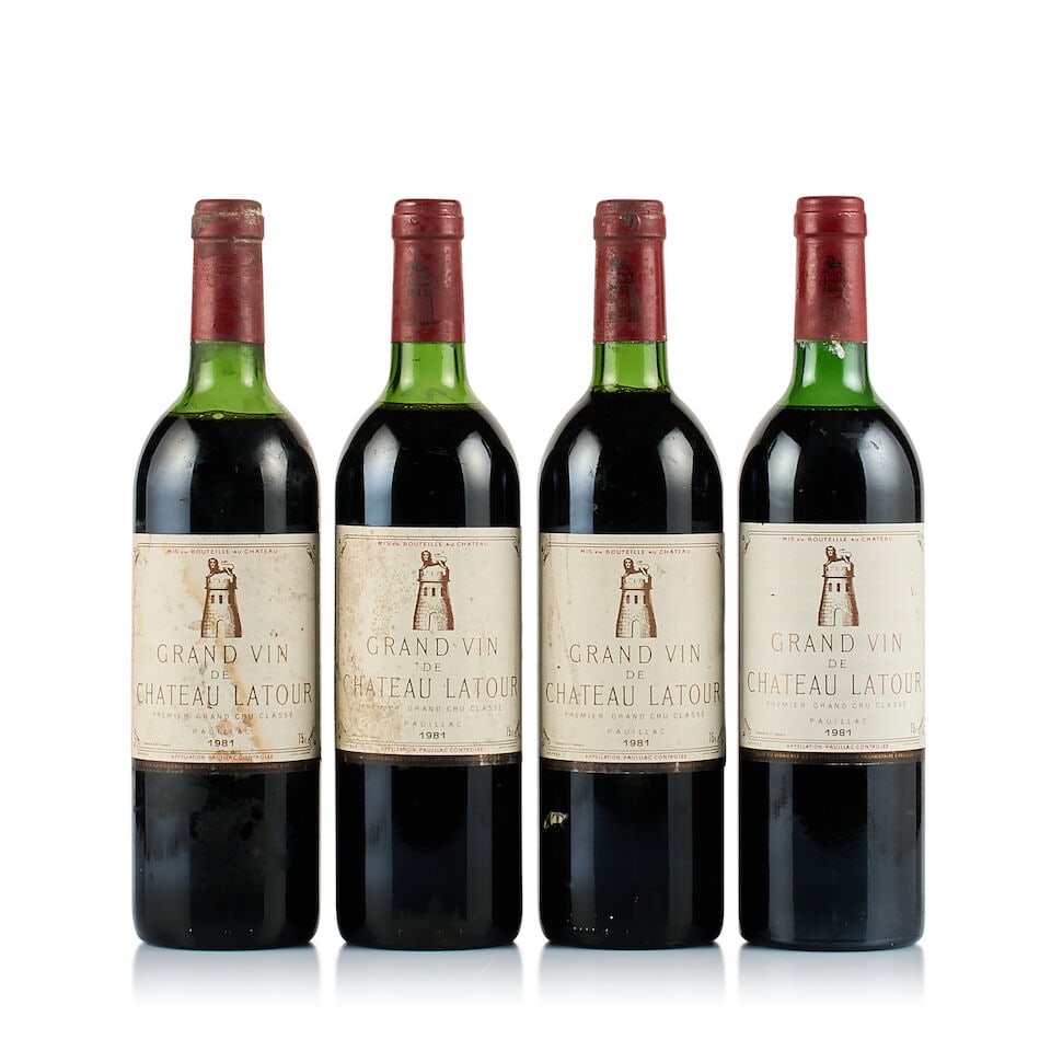 Château Latour, Pauillac, 1er Grand Cru Classé, 1981 (4 x 750ml): Château Latour, Pauillac, 1er Grand Cru Classé, 1981 (4 x 750ml) Region: Bordeaux Fill Level: 1x mid shoulder, 2x upper-shoulder, 1x base of neck Capsule: all bin-soiled, 1x recent signs of