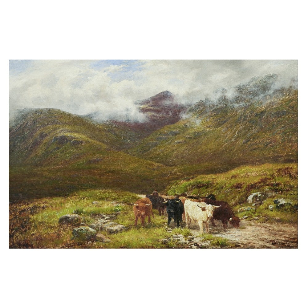 Louis Bosworth Hurt (British, 1856-1929) Cattle in a highland glen: Louis Bosworth Hurt (British, 1856-1929) Cattle in a highland glen signed and dated 'Louis B. Hurt/1882' (lower right) oil on canvas 61.5 x 91cm (24 3/16 x 35 13/16in). Footnotes: Provena