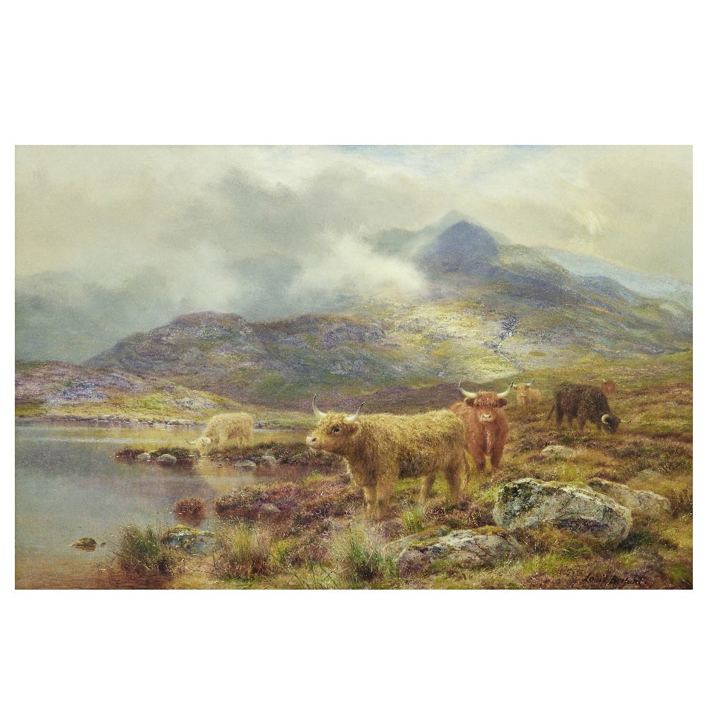 Louis Bosworth Hurt (British, 1856-1929) Highland cattle in misty glen: Louis Bosworth Hurt (British, 1856-1929) Highland cattle in misty glen signed 'Louis B. Hurt' (lower right) oil on canvas 51 x 76cm (20 1/16 x 29 15/16in). Footnotes: Provenance P