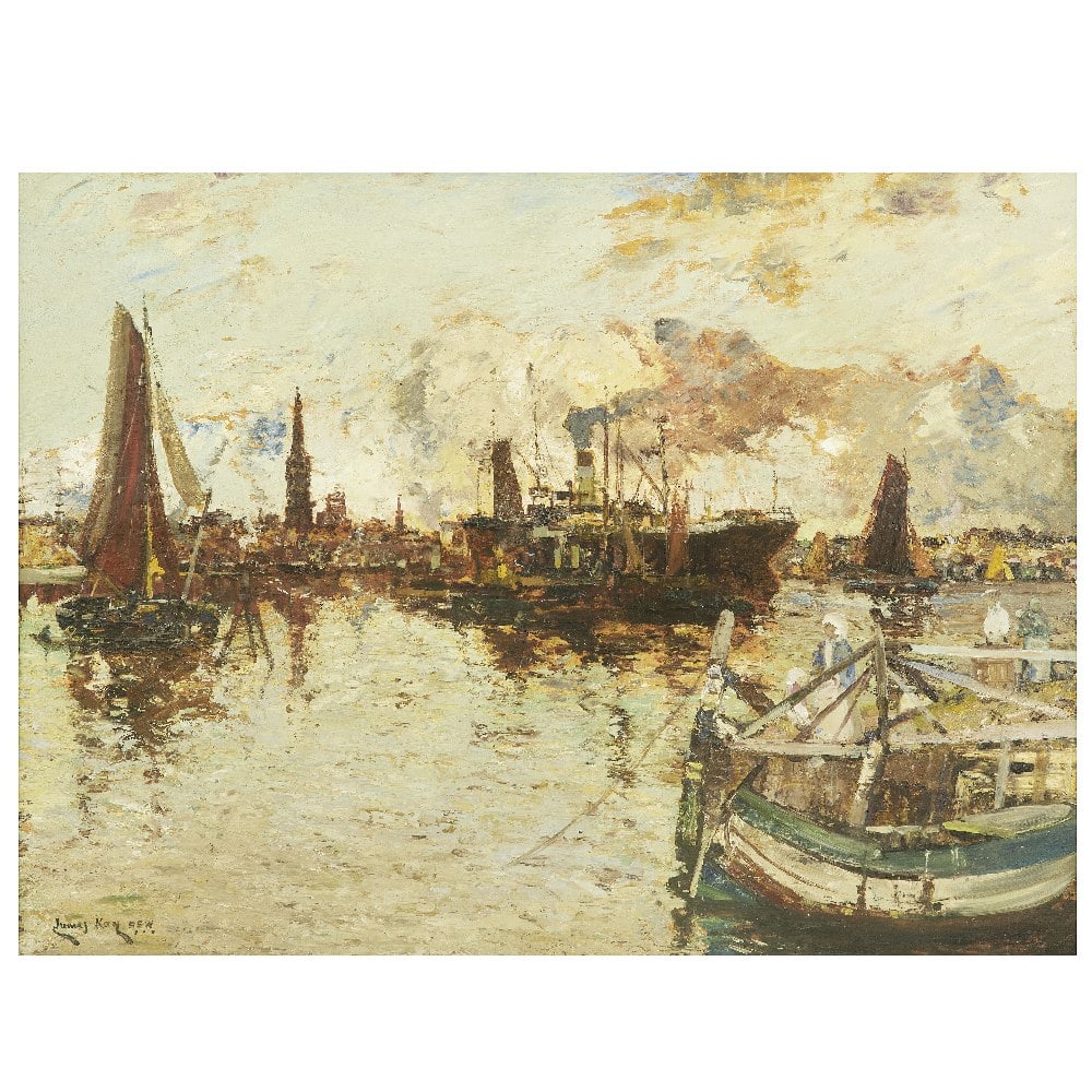 James Kay (Scottish, 1858-1942) Close of a peaceful day, Antwerp: James Kay (Scottish, 1858-1942) Close of a peaceful day, Antwerp signed 'James Kay R.S.W.' (lower left) oil on board 45.7 x 60.9cm (18 x 24in). Footnotes: Provenance Private colle