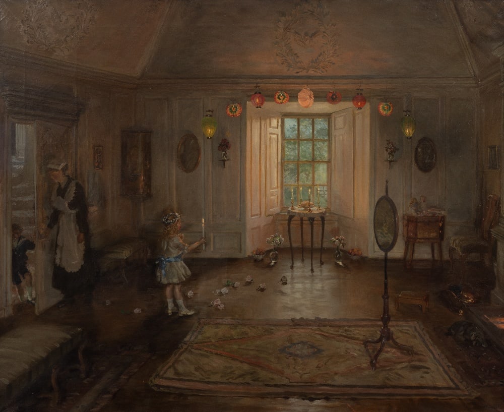John Henry Lorimer, RSA RSW RWS RP (British, 1856-1936) The Birthday Party: John Henry Lorimer, RSA RSW RWS RP (British, 1856-1936) The Birthday Party signed 'JH Lorimer' (lower right) oil on canvas 118 x 143cm (46 7/16 x 56 5/16in). Footnotes: Provenance