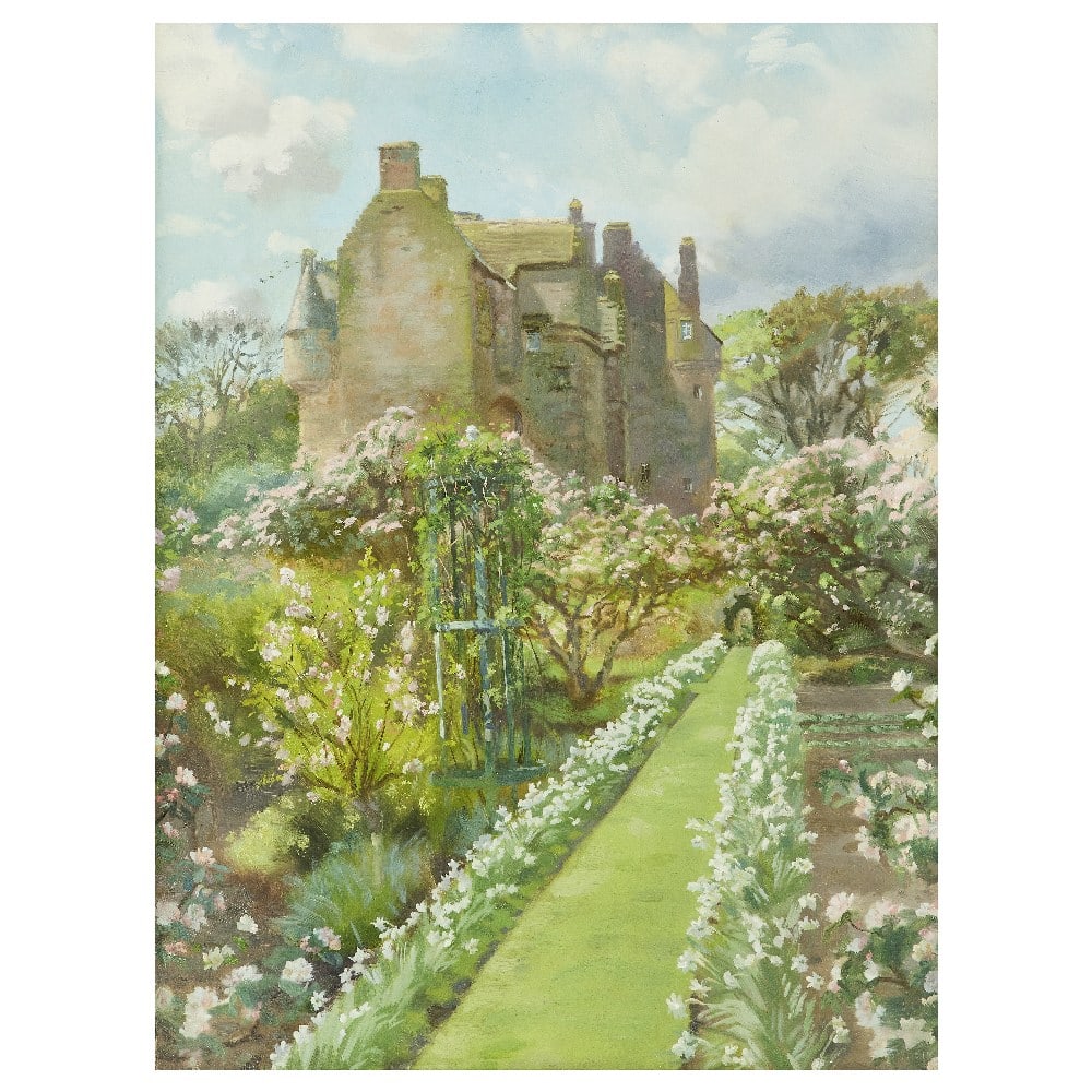 John Henry Lorimer, RSA RSW RWS RP (British, 1856-1936) Sun and Shower - Kellie Castle and Apple...: John Henry Lorimer, RSA RSW RWS RP (British, 1856-1936) Sun and Shower - Kellie Castle and Apple Trees signed 'J.H. Lorimer' (lower left) and titled (artist's labels verso) oil on canvas 61 x 45.7cm (