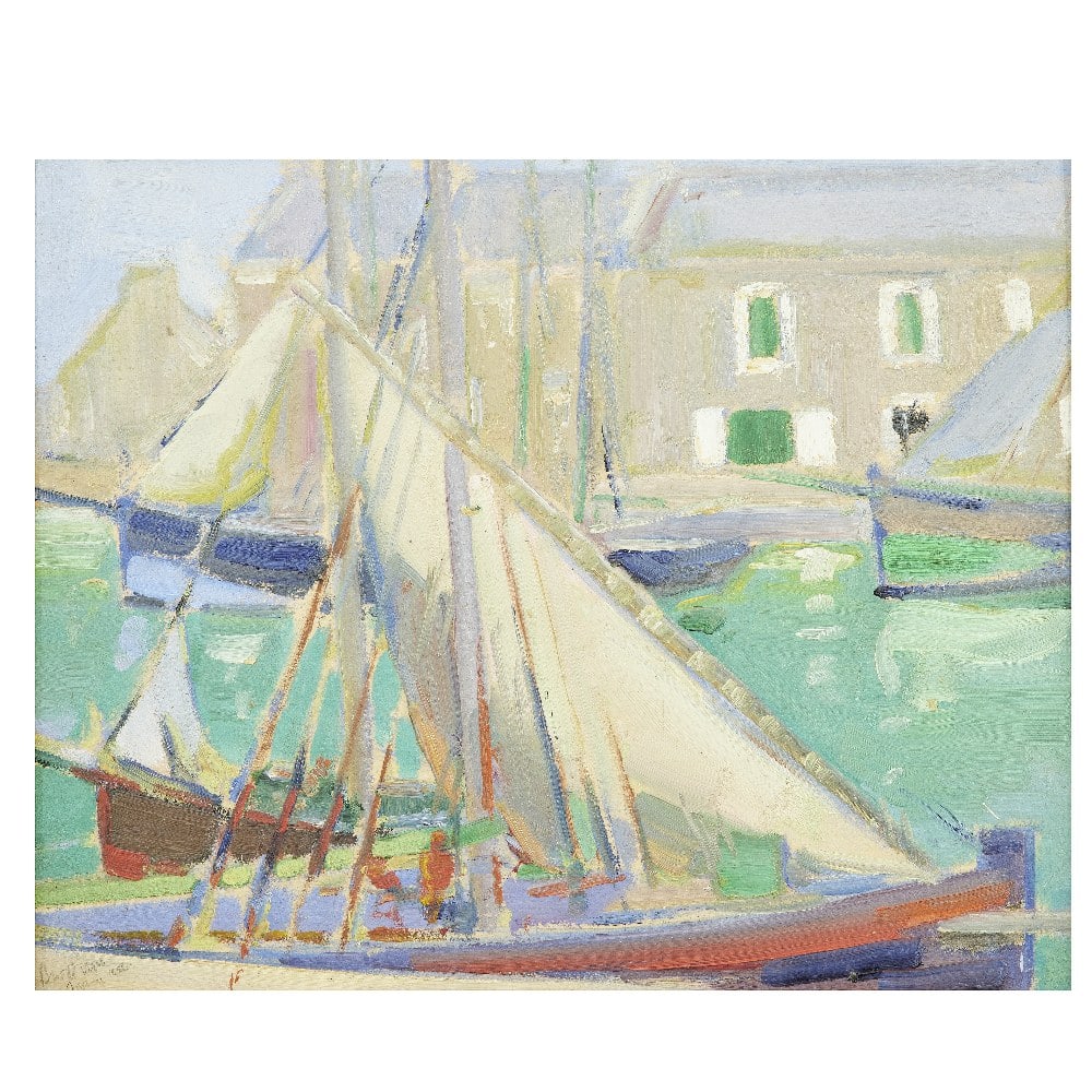 David William Gunn (British, 1865-1935) Boats in harbour: David William Gunn (British, 1865-1935) Boats in harbour with an unfinished market scene on the reverse signed, dated and indistinctly inscribed 'D W Gunn/J**** 1926' (lower left) oil on board 40 x 49