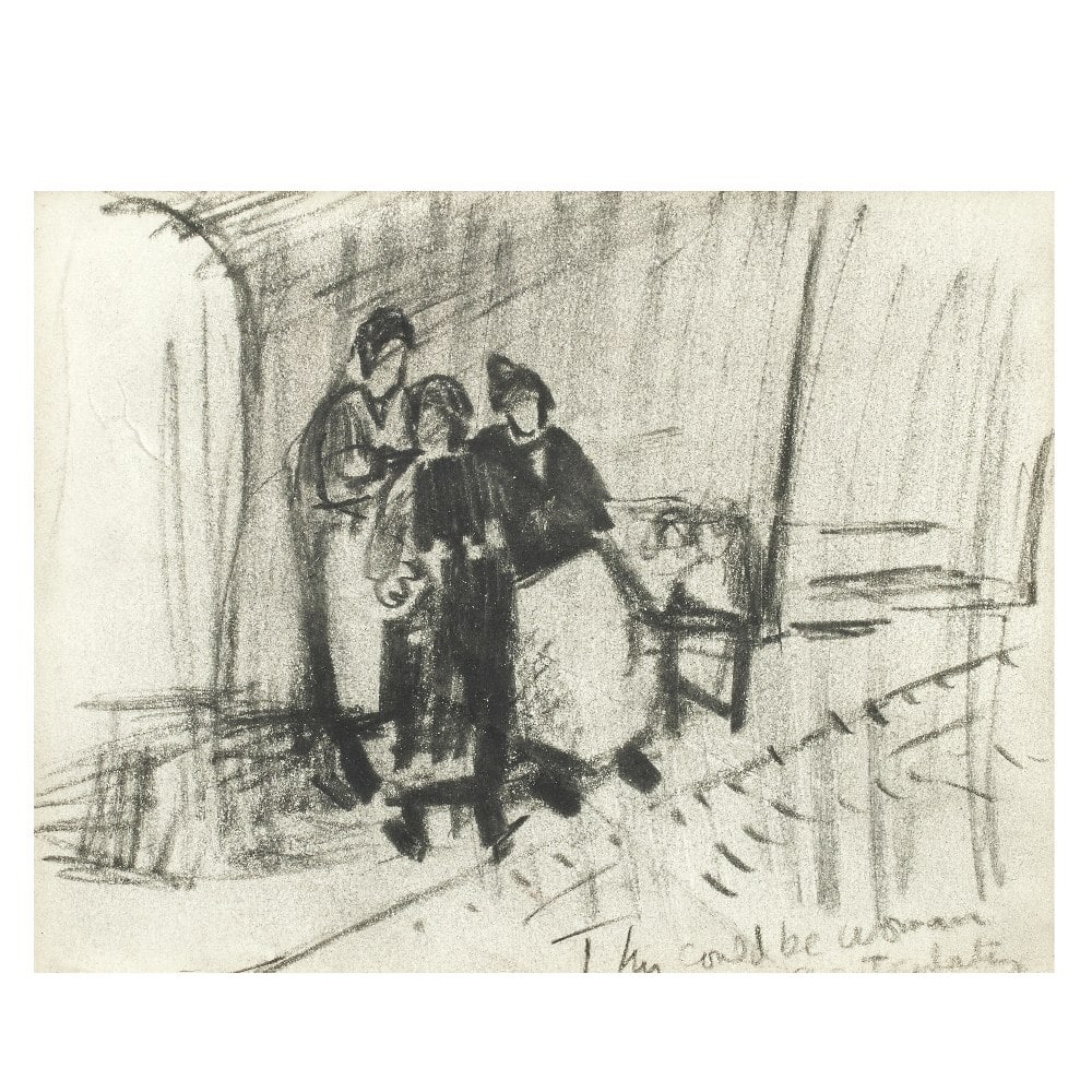 Joan Eardley RSA (British, 1921-1963) Group of Women (Studio inventory no.ED297 ): Joan Eardley RSA (British, 1921-1963) Group of Women bears inscription 'This could be women/gesticulating' (lower right) which continues 'with right hand, left hand on/hip' (verso) black chalk on pape