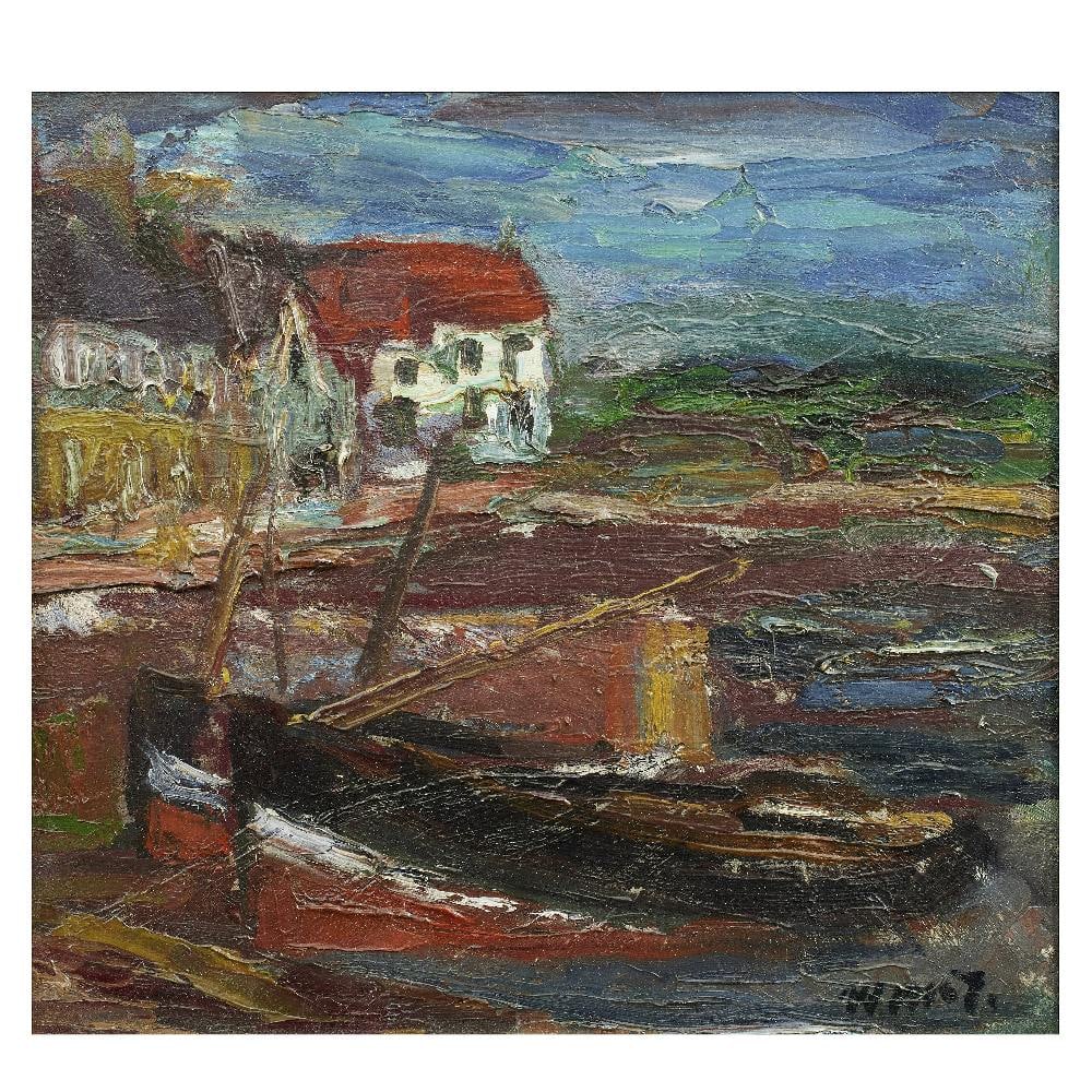 Sir William MacTaggart PPRSA RA FRSE HonRSW LLD (British, 1903-1981) Boats and White House: Sir William MacTaggart PPRSA RA FRSE HonRSW LLD (British, 1903-1981) Boats and White House signed 'W MacT.' (lower right), studio stamp (verso) oil on panel 26.5 x 28.5cm (10 7/16 x 11 1/4in). Footn