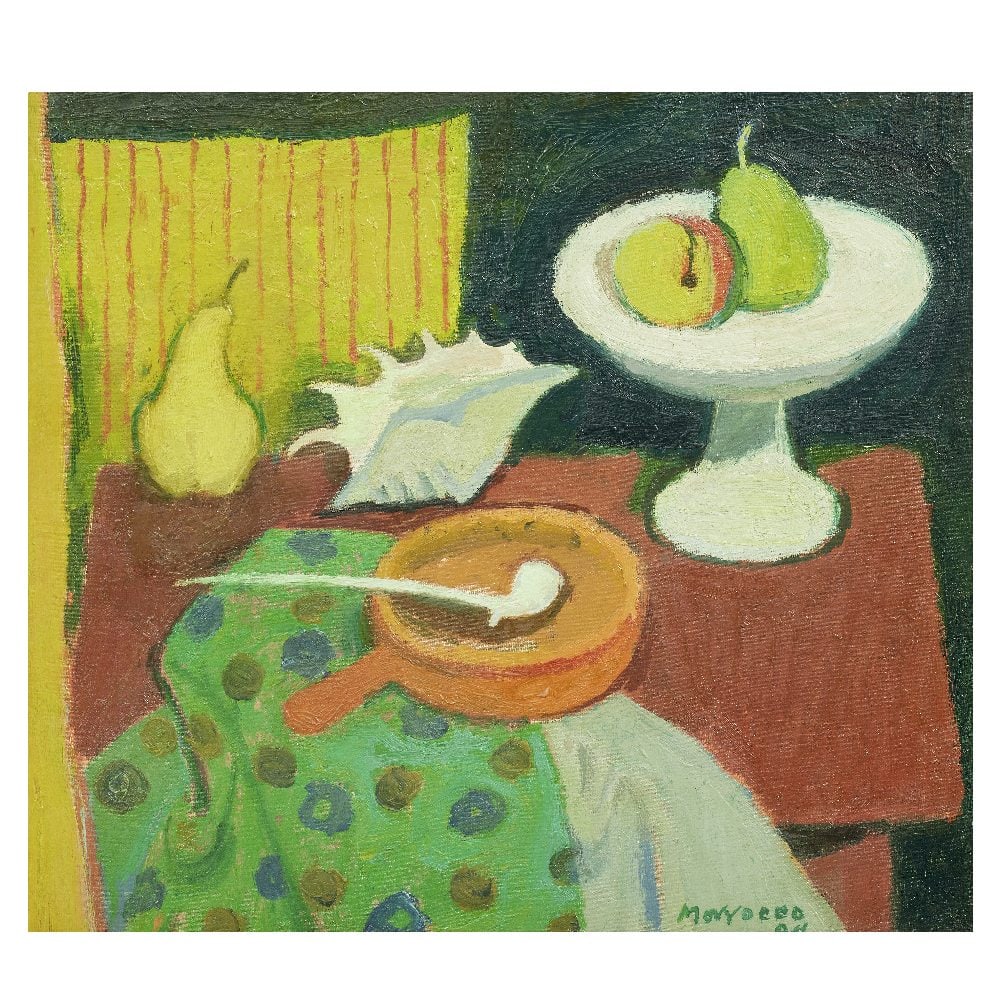 Alberto Morrocco OBE RSA RSW RP RGI LLD D Univ (British, 1917-1998) Still Life with Sea Shell: Alberto Morrocco OBE RSA RSW RP RGI LLD D Univ (British, 1917-1998) Still Life with Sea Shell signed and dated 'Morrocco/84' (lower right), further signed and titled (artist's label, verso) oil on boa