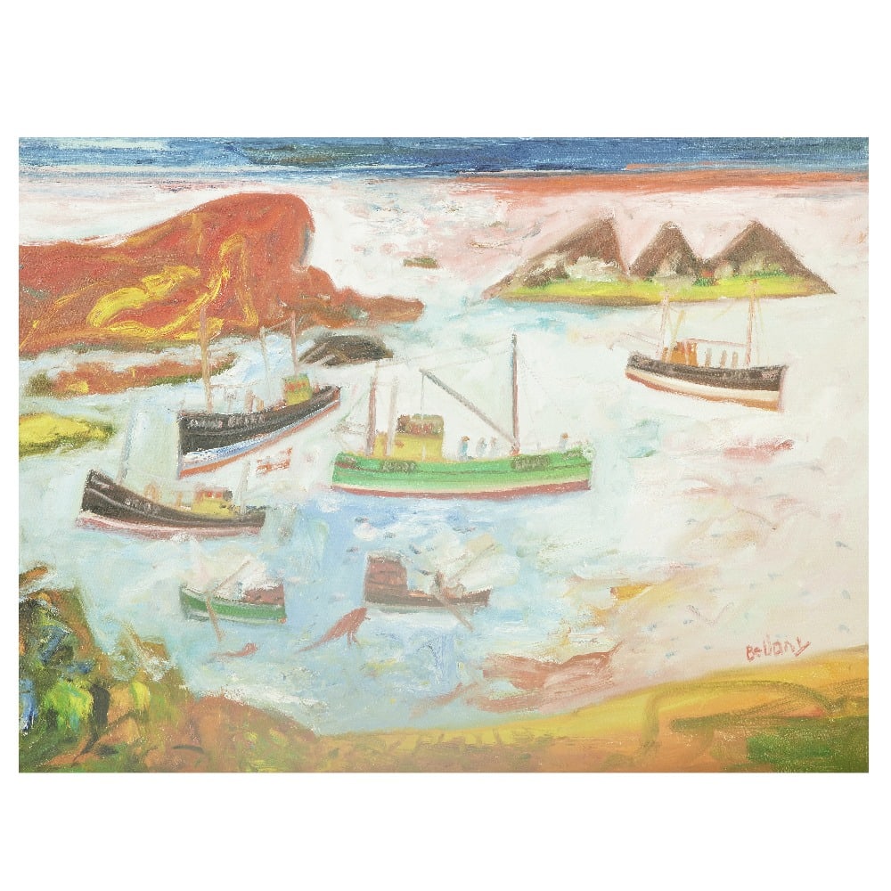 John Bellany CBE RA HRSA LLD(Lon) (British, 1942-2013) Boats at anchor (unframed): John Bellany CBE RA HRSA LLD(Lon) (British, 1942-2013) Boats at anchor signed 'Bellany' (lower right) oil on canvas 76 x 101.5cm (29 15/16 x 39 15/16in). unframed This lot is subject to the followi