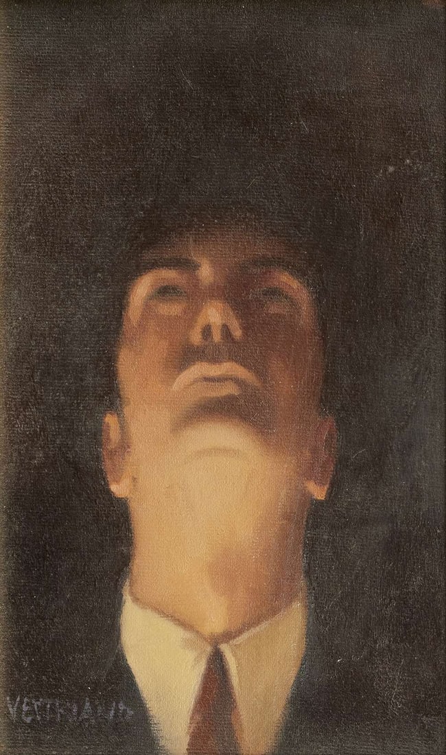 Jack Vettriano OBE Hon LLD (British, 1951-2025) Looking Up: Jack Vettriano OBE Hon LLD (British, 1951-2025) Looking Up signed 'VETTRIANO' (lower left), inscribed 'FOR VIVIEN/WITH LOVE/Jack Vettriano/16 MAY 2002/LONDON.' (verso) oil on canvas board 25.4 x 15cm 