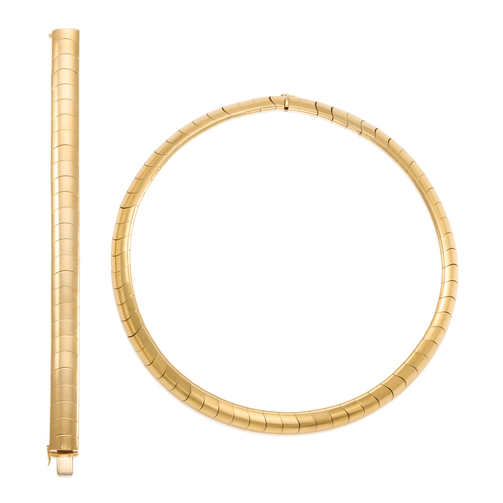 SCAVIA: AN 18K GOLD NECKLACE AND BRACELET SET: SCAVIA: AN 18K GOLD NECKLACE AND BRACELET SET Each of fancy link design; with Italian registered trademark; collar inner circumference 16 1/2 in.; bracelet length 7 in.; widths 7/16 in. Footnotes: OVE