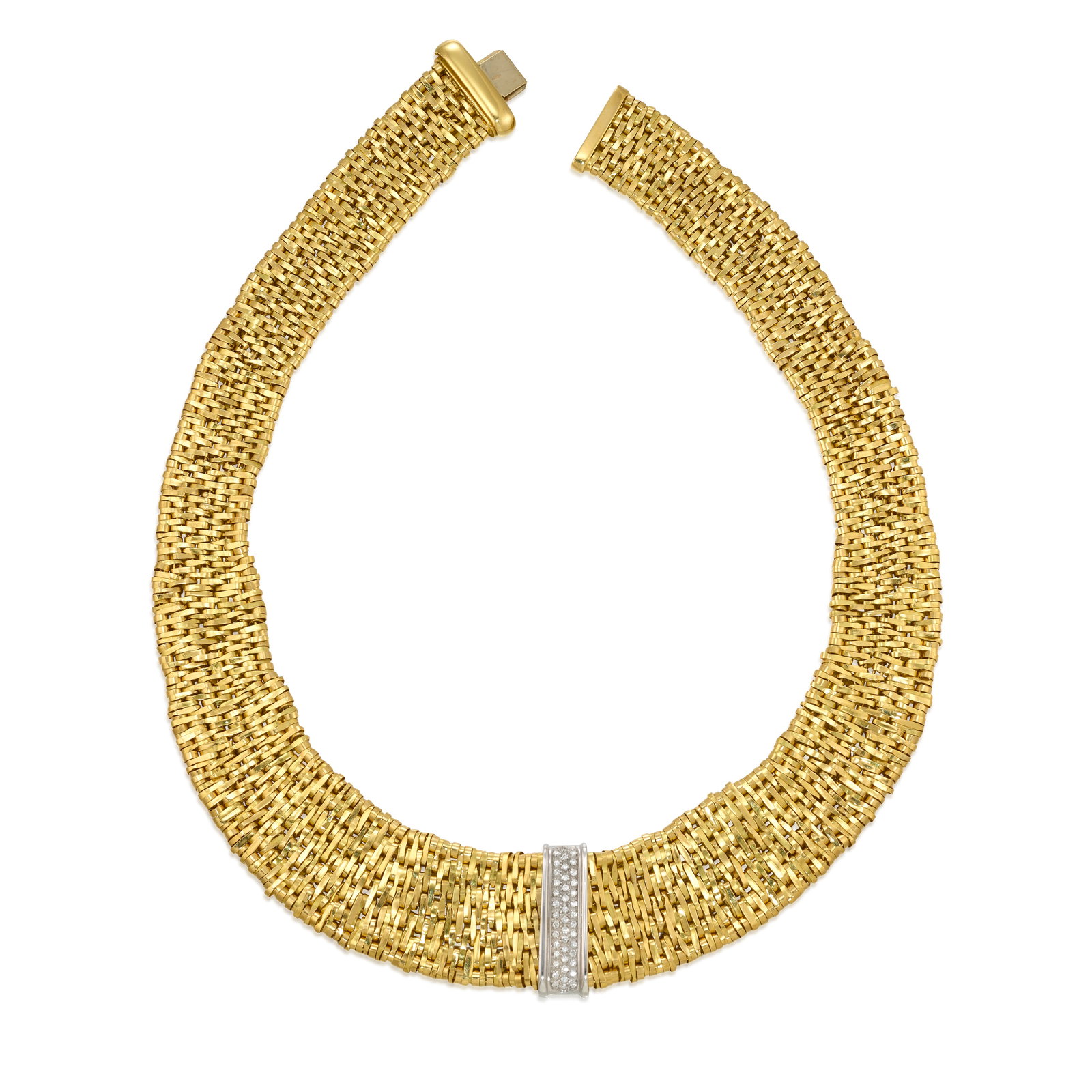 ORLANDO ORLANDINI: AN 18K GOLD 'FIANDRA' NECKLACE, WITH 18K WHITE GOLD AND DIAMOND ENNHANCER: ORLANDO ORLANDINI: AN 18K GOLD 'FIANDRA' NECKLACE, WITH 18K WHITE GOLD AND DIAMOND ENNHANCER A collar of woven mesh design, with removable enhancer accented with round brilliant-cut diamonds; collar s