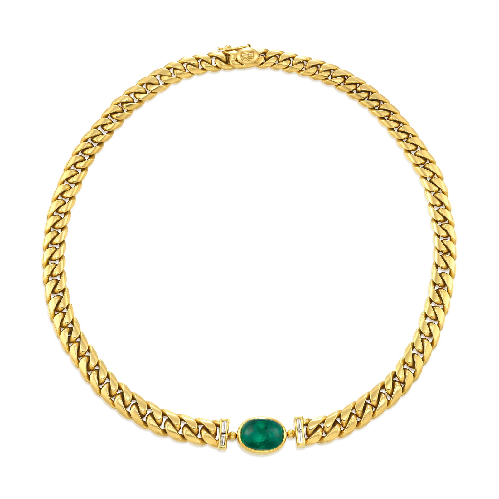 BULGARI: AN 18K GOLD, EMERALD AND DIAMOND NECKLACE, CIRCA 1975: BULGARI: AN 18K GOLD, EMERALD AND DIAMOND NECKLACE, CIRCA 1975 Centering an oval-shaped cabochon emerald, flanked by pairs of baguette-cut diamonds, completed by a solid curb link backchain; signed Bu