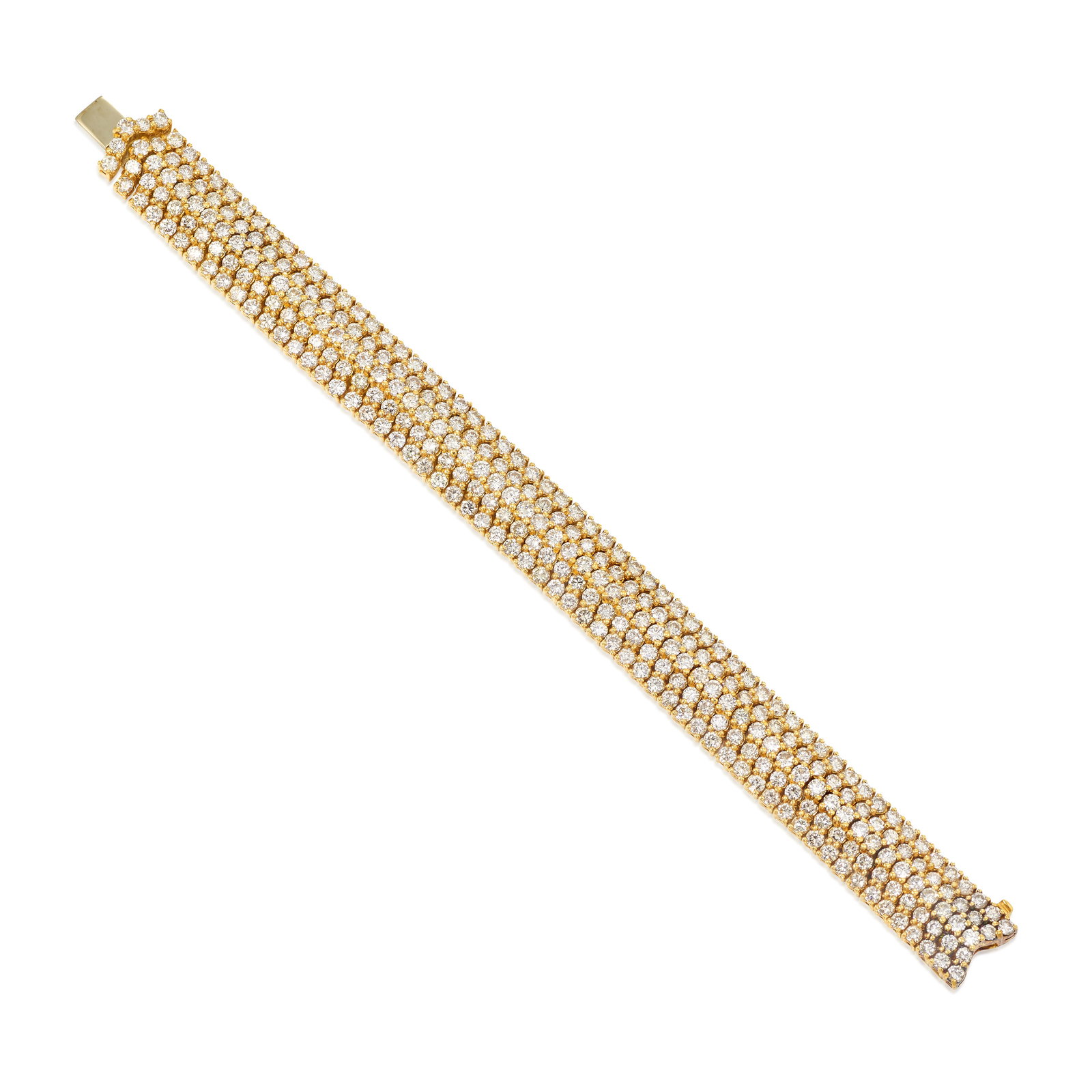 AN 18K GOLD AND DIAMOND BRACELET: AN 18K GOLD AND DIAMOND BRACELET Comprising five rows of round brilliant-cut diamonds; with maker's mark; with serial number; estimated total diamond weight 21.20 carats; length 6 3/4 in., width 1/2 i