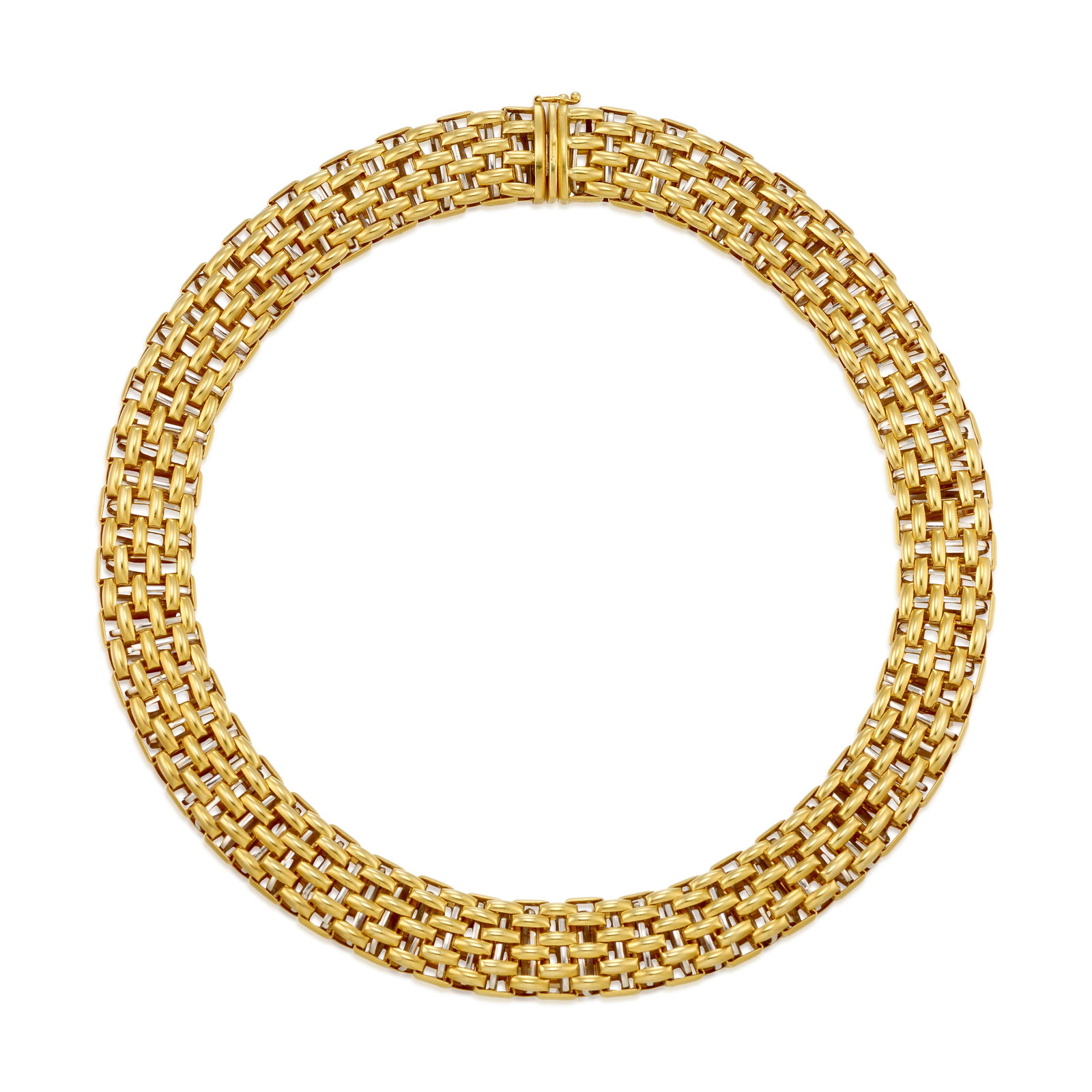 FOPE: AN 18K BICOLOR GOLD NECKLACE: FOPE: AN 18K BICOLOR GOLD NECKLACE A linked collar, encasing movable white gold elements; unsigned, but with proprietary Italian registered trademark; length 14 3/4 in.; width 9/16 in. Footnotes: OVER