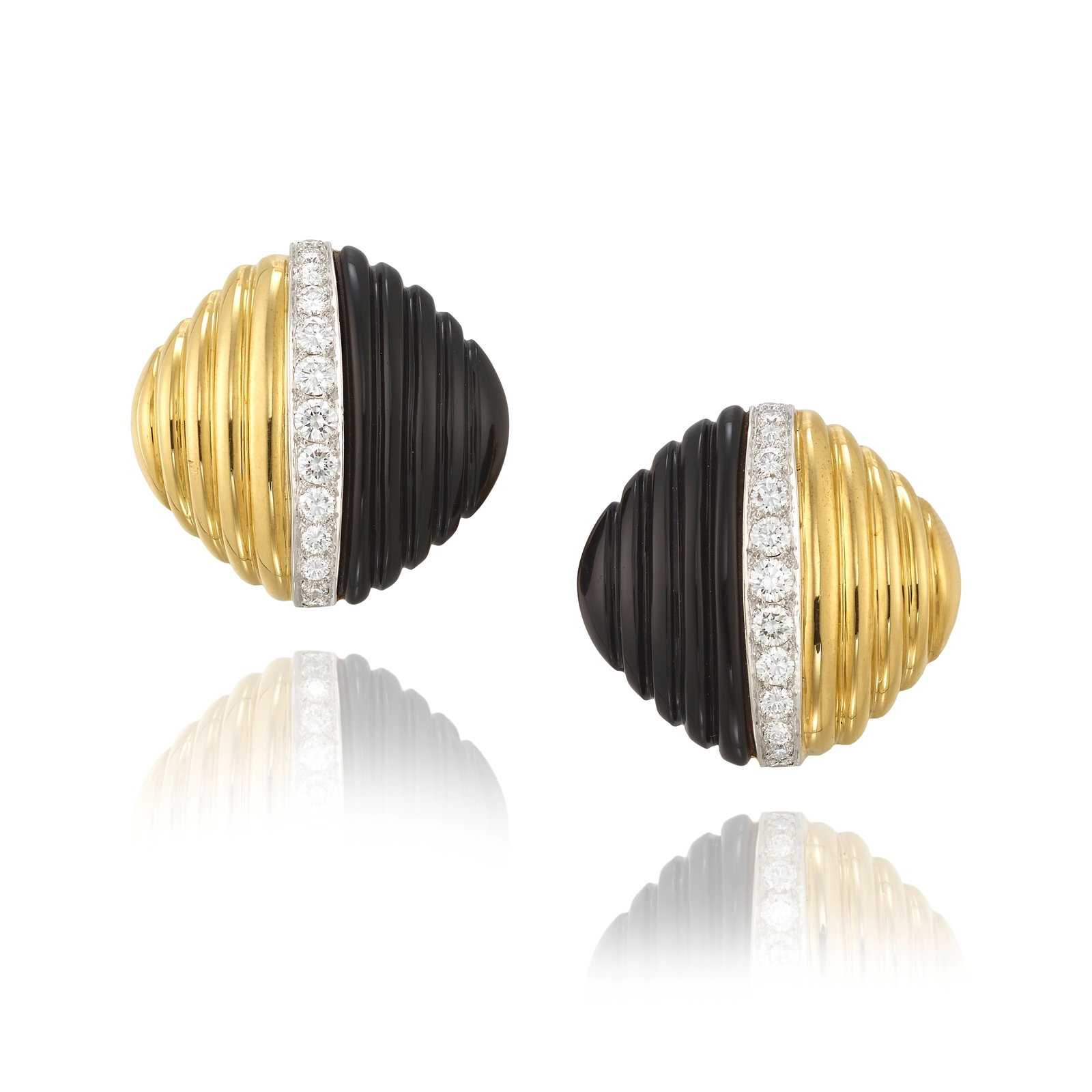 CHARLES TURI: A PAIR OF 18K GOLD, PLATINUM, ONYX AND DIAMOND EARCLIPS (1 of 1)