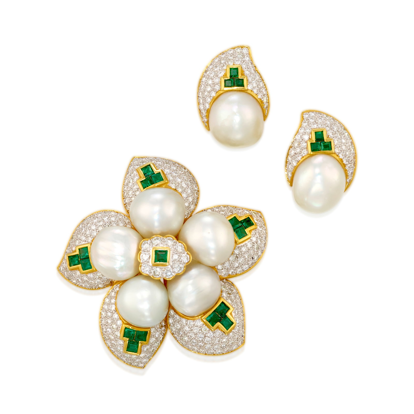 AN 18K BICOLOR GOLD, DIAMOND AND GEM-SET PENDANT/BROOCH AND EARCLIPS SET: AN 18K BICOLOR GOLD, DIAMOND AND GEM-SET PENDANT/BROOCH AND EARCLIPS SET All centering semi-baroque, button-shaped cultured pearls, accented with trios of square step-cut emeralds and pavé-set ro