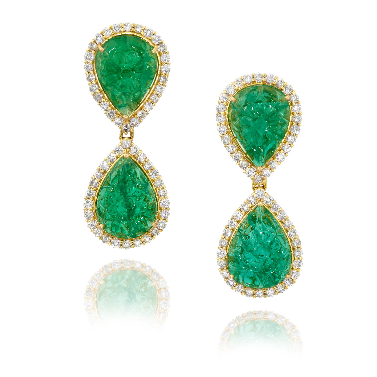A PAIR OF 18K GOLD, EMERALD AND COLORED DIAMOND EARRINGS (1 of 1)
