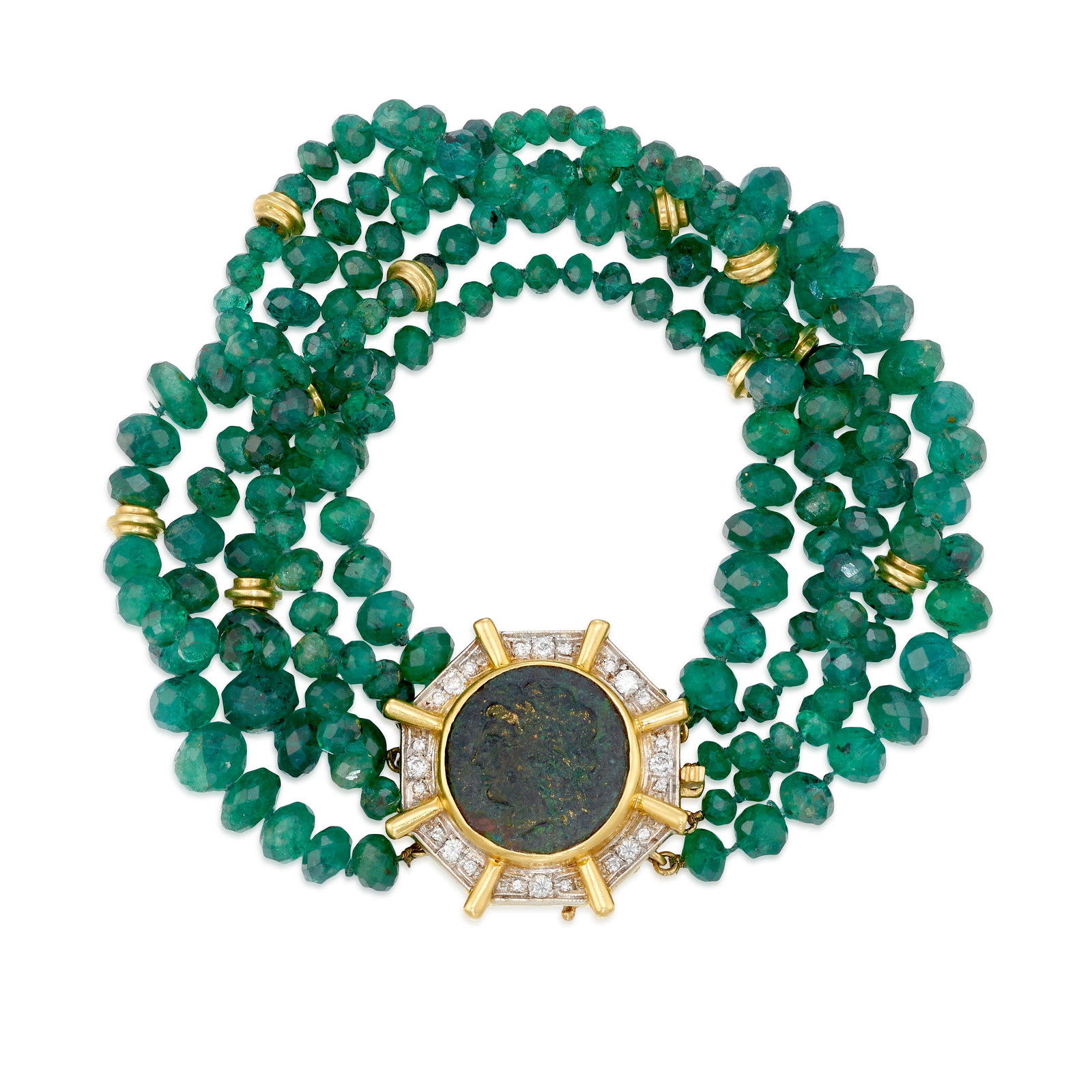 A 14K BICOLOR GOLD, EMERALD, DIAMOND AND COIN BRACELET (1 of 1)