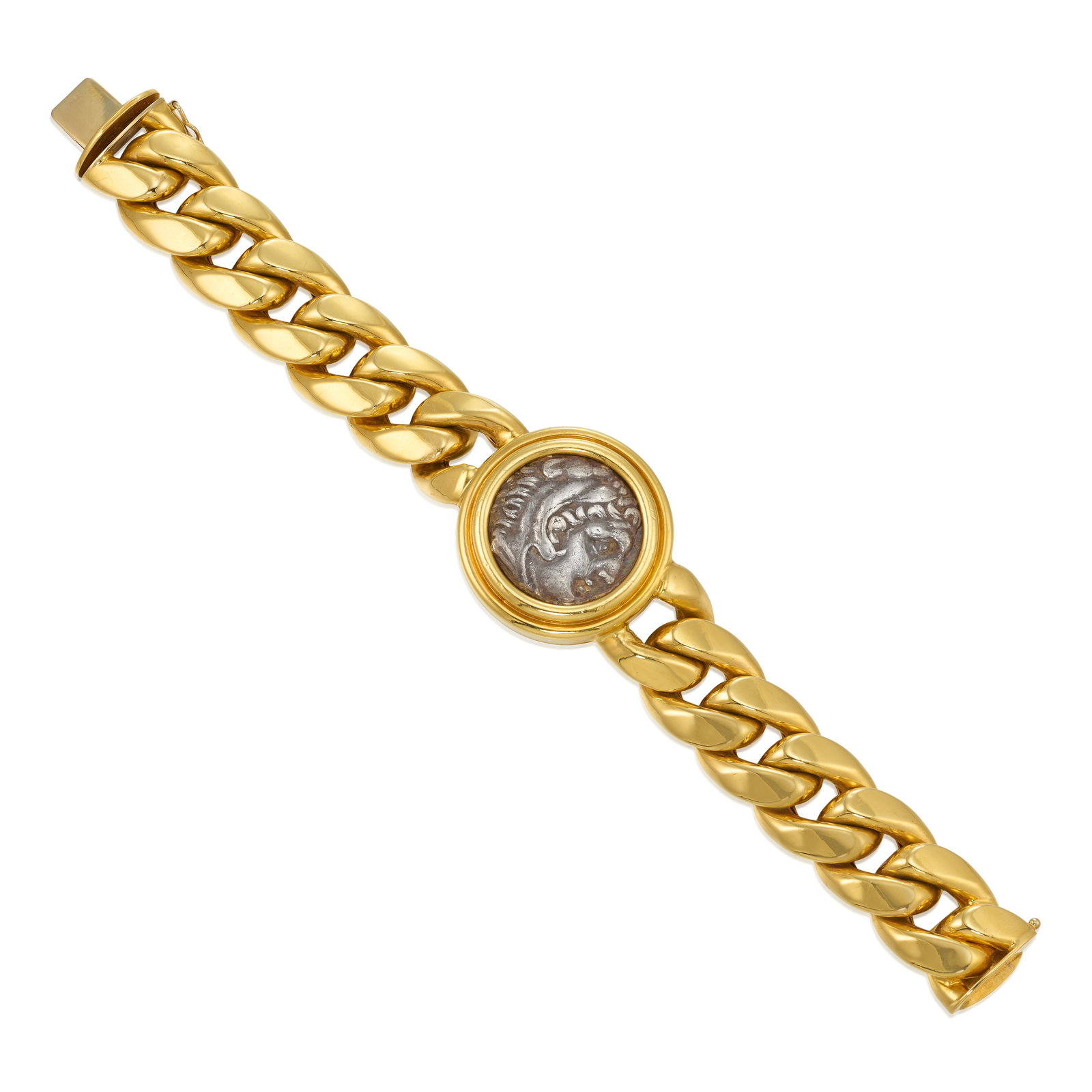 AN 18K GOLD AND SILVER COIN BRACELET: AN 18K GOLD AND SILVER COIN BRACELET Featuring a 'Kings of Macedon,' Alexander III, the Great, silver tetradrachm, probably Babylon mint, circa 336-323 BCE, completed by a curb link chain; with scratc