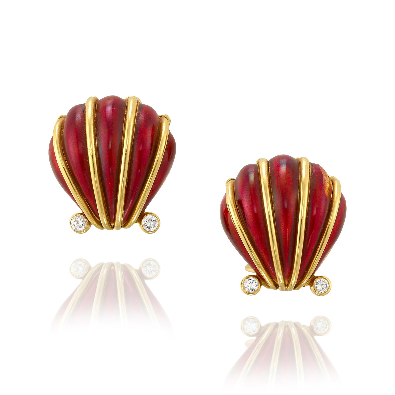 SCHLUMBERGER FOR TIFFANY & CO.: A PAIR OF 18K GOLD, ENAMEL AND DIAMOND EARRINGS: SCHLUMBERGER FOR TIFFANY & CO.: A PAIR OF 18K GOLD, ENAMEL AND DIAMOND EARRINGS Each designed as shells of red enamel, accented with round brilliant-cut diamonds; signed Schlumberger; signed Tiffany &