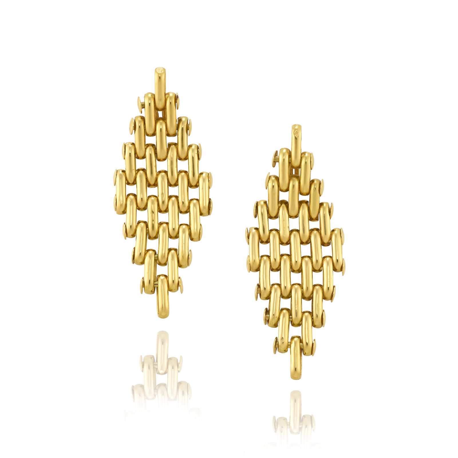 A PAIR OF GOLD EARRINGS: A PAIR OF GOLD EARRINGS Of brick link design; fabricated in 18k gold; measures 2 7/8 x 1 1/16 in. Footnotes: OVERALL CONDITION: Metal purity unstamped and tested with XRF (X-ray fluorescence) for 18k