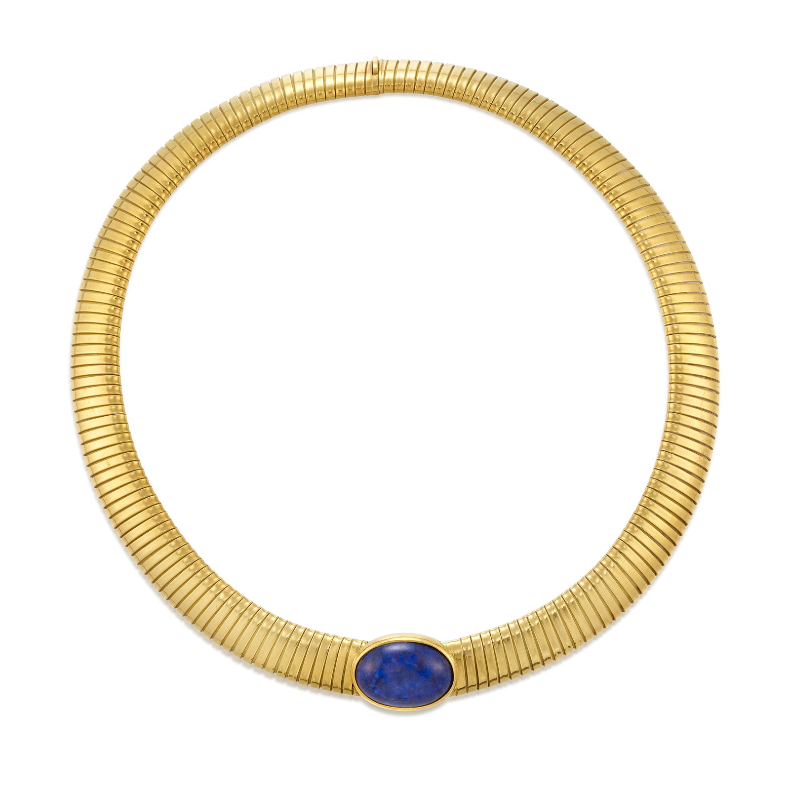 CARLO WEINGRILL: AN 18K GOLD AND LAPIS LAZULI NECKLACE, CIRCA 1970: CARLO WEINGRILL: AN 18K GOLD AND LAPIS LAZULI NECKLACE, CIRCA 1970 A tubogas collar, centering an oval cabochon lapis lazuli; with maker's mark; with Italian registered trademark; length 16 in.;