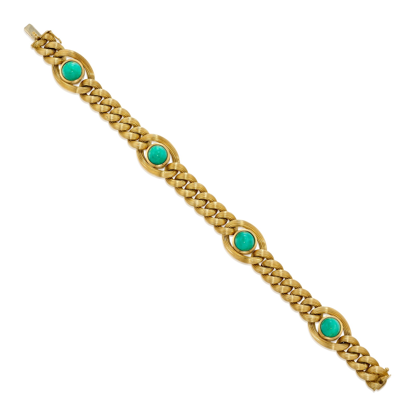 CARLO WEINGRILL: AN 18K GOLD AND AMAZONITE BRACELET, CIRCA 1960: CARLO WEINGRILL: AN 18K GOLD AND AMAZONITE BRACELET, CIRCA 1960 A fancy curb link chain bracelet, accented by stations of round and domed cabochon amazonite; with maker's mark; with Italian