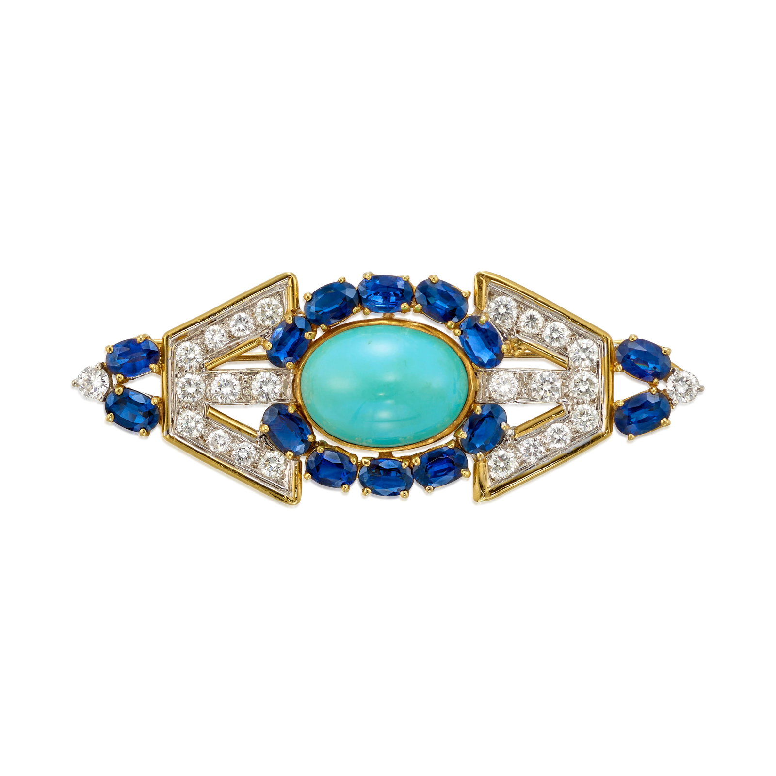 AN 18K BICOLOR GOLD, TURQUOISE, SAPPHIRE AND DIAMOND BROOCH: AN 18K BICOLOR GOLD, TURQUOISE, SAPPHIRE AND DIAMOND BROOCH Centering an oval-shaped cabochon turquoise, in a surround of oval-shaped sapphires, accented across with round brilliant-cut diamonds;