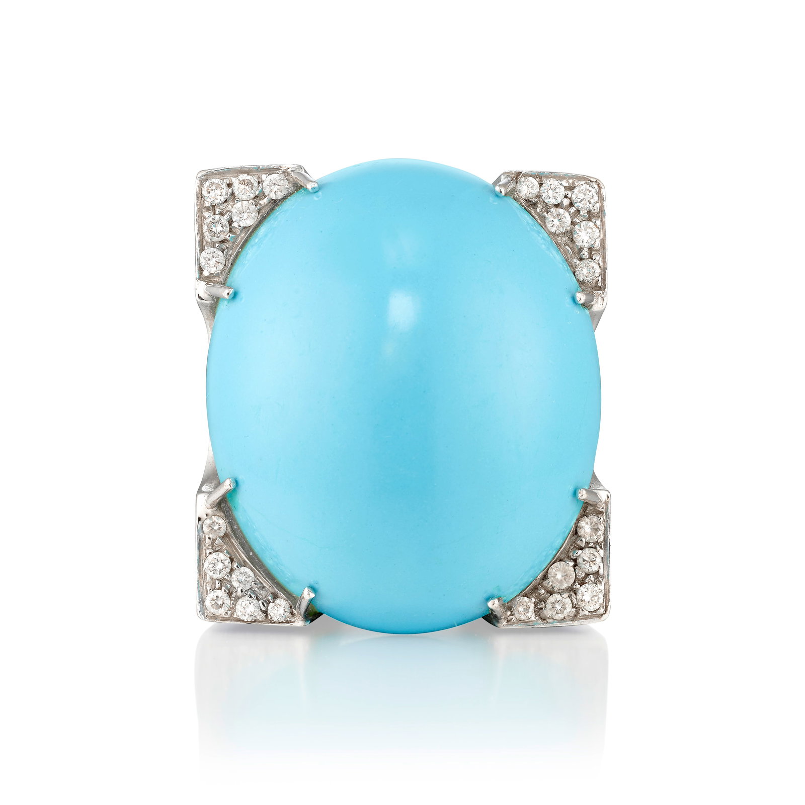 DAVID WEBB: AN 18K WHITE GOLD, TURQUOISE, DIAMOND AND ENAMEL RING: DAVID WEBB: AN 18K WHITE GOLD, TURQUOISE, DIAMOND AND ENAMEL RING Centering an oval-shaped, double cabochon turquoise, accented with round brilliant-cut diamonds, the mounting accented with blue