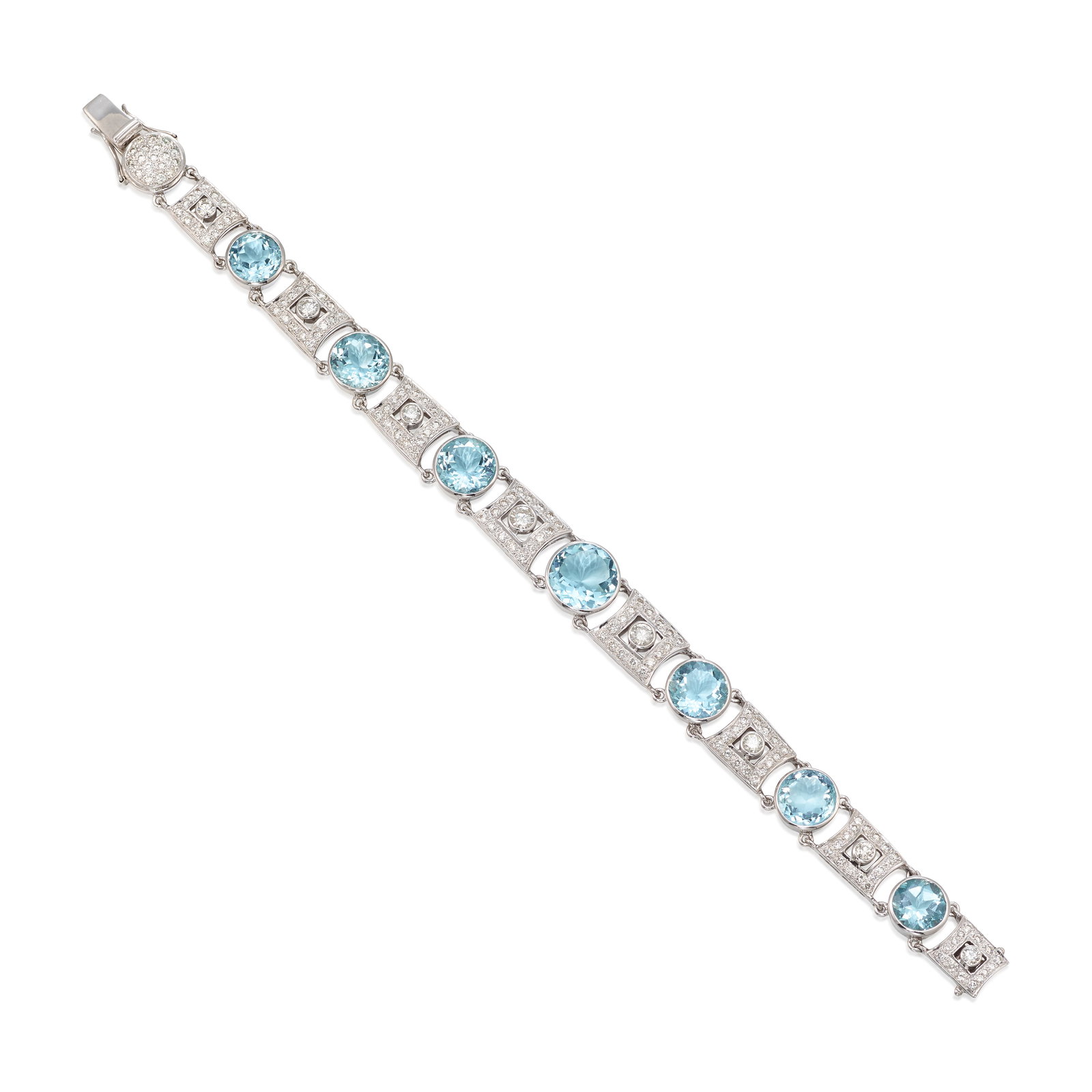 AN 18K WHITE GOLD, AQUAMARINE AND DIAMOND BRACELET: AN 18K WHITE GOLD, AQUAMARINE AND DIAMOND BRACELET Composed of graduated round aquamarines and square links accented with round brilliant-cut diamonds; estimated total aquamarine weight 16.50 carats;
