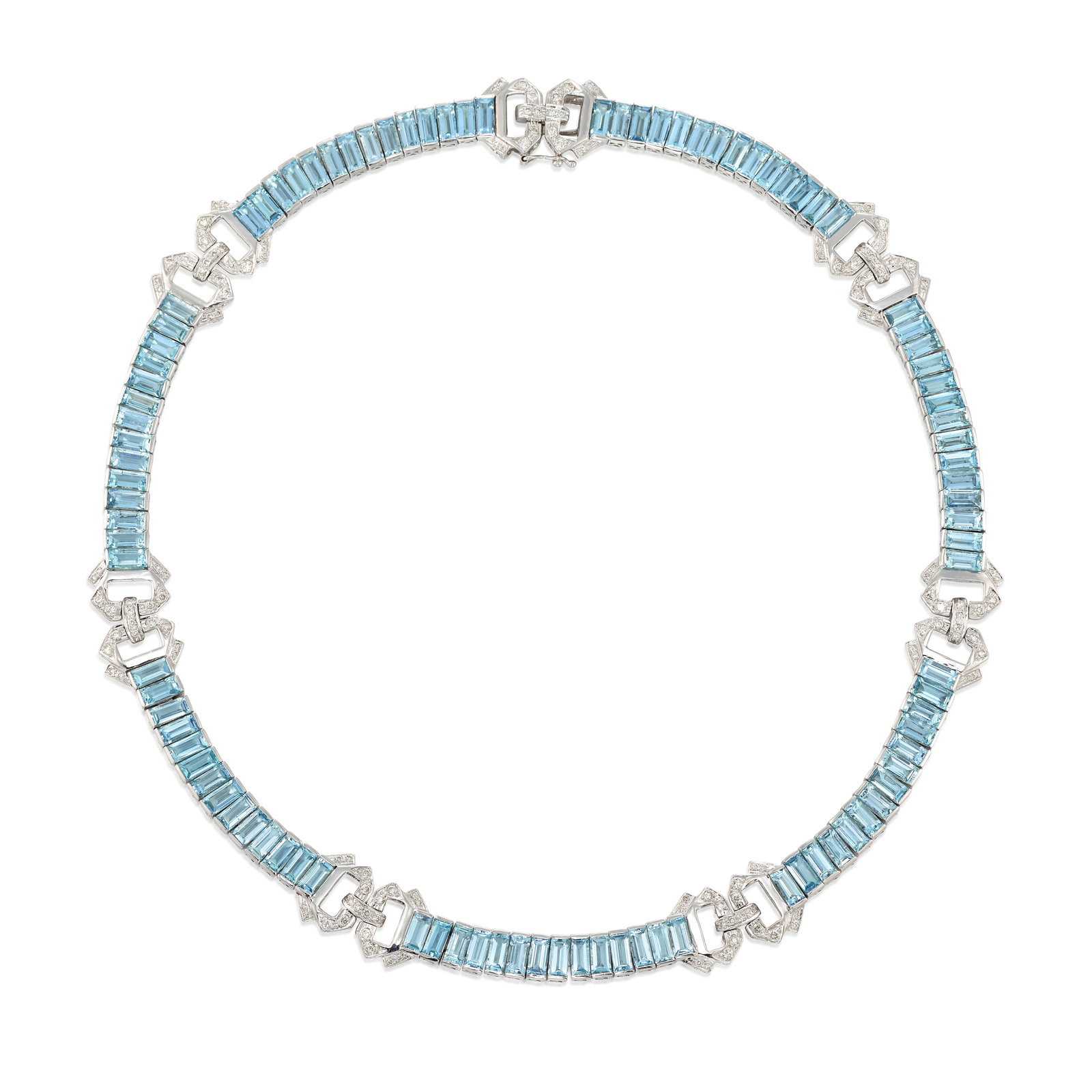 AN 18K WHITE GOLD, AQUAMARINE AND DIAMOND NECKLACE: AN 18K WHITE GOLD, AQUAMARINE AND DIAMOND NECKLACE Comprising rectangular, step-cut aquamarines, with buckle-inspired stations accented with round brilliant-cut diamonds; estimated total aquamarine