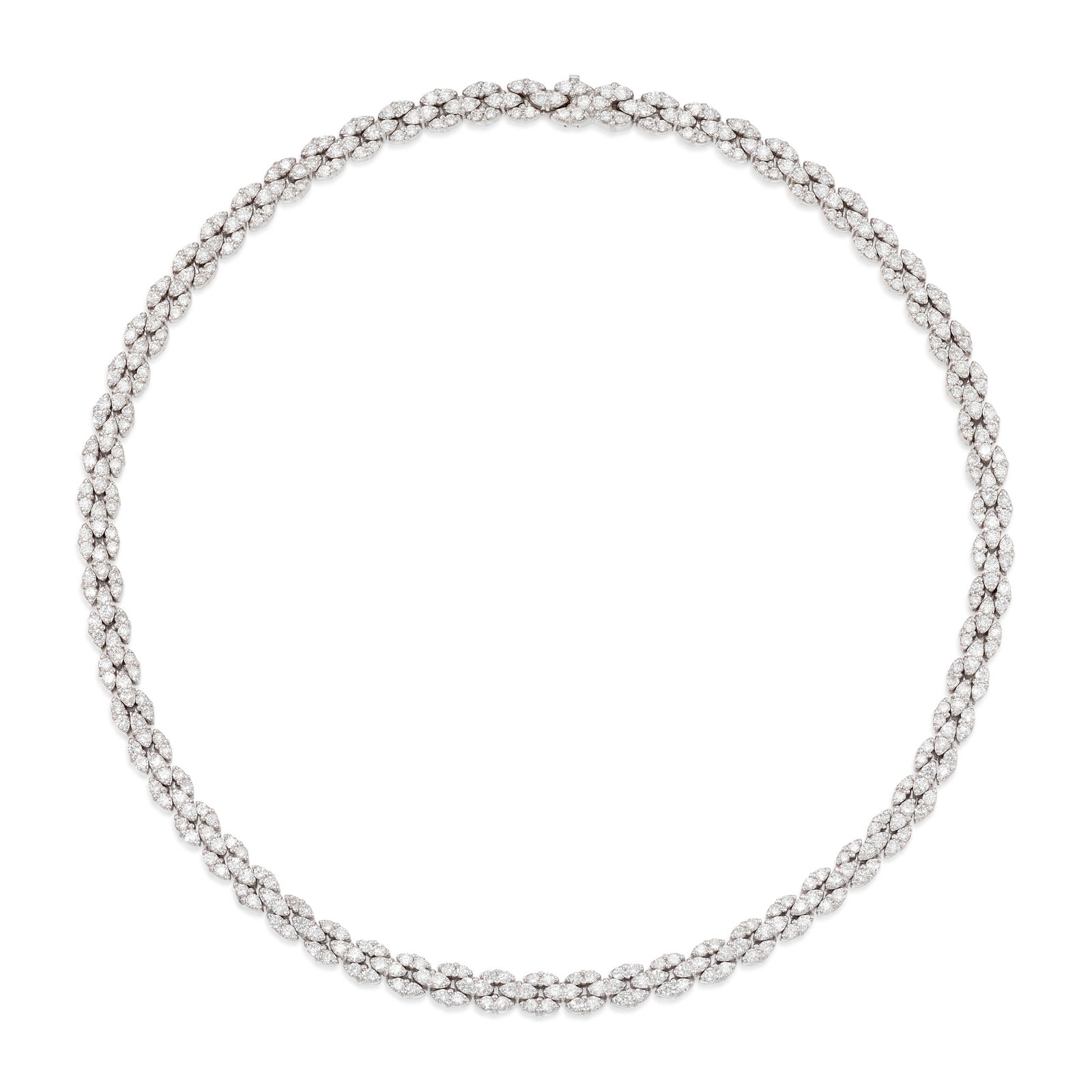 AN 18K WHITE GOLD AND DIAMOND NECKLACE: AN 18K WHITE GOLD AND DIAMOND NECKLACE A line necklace alternating pairs of round brilliant-cut diamonds; with maker's mark; with Italian registered trademark; estimated total diamond weight 8.50