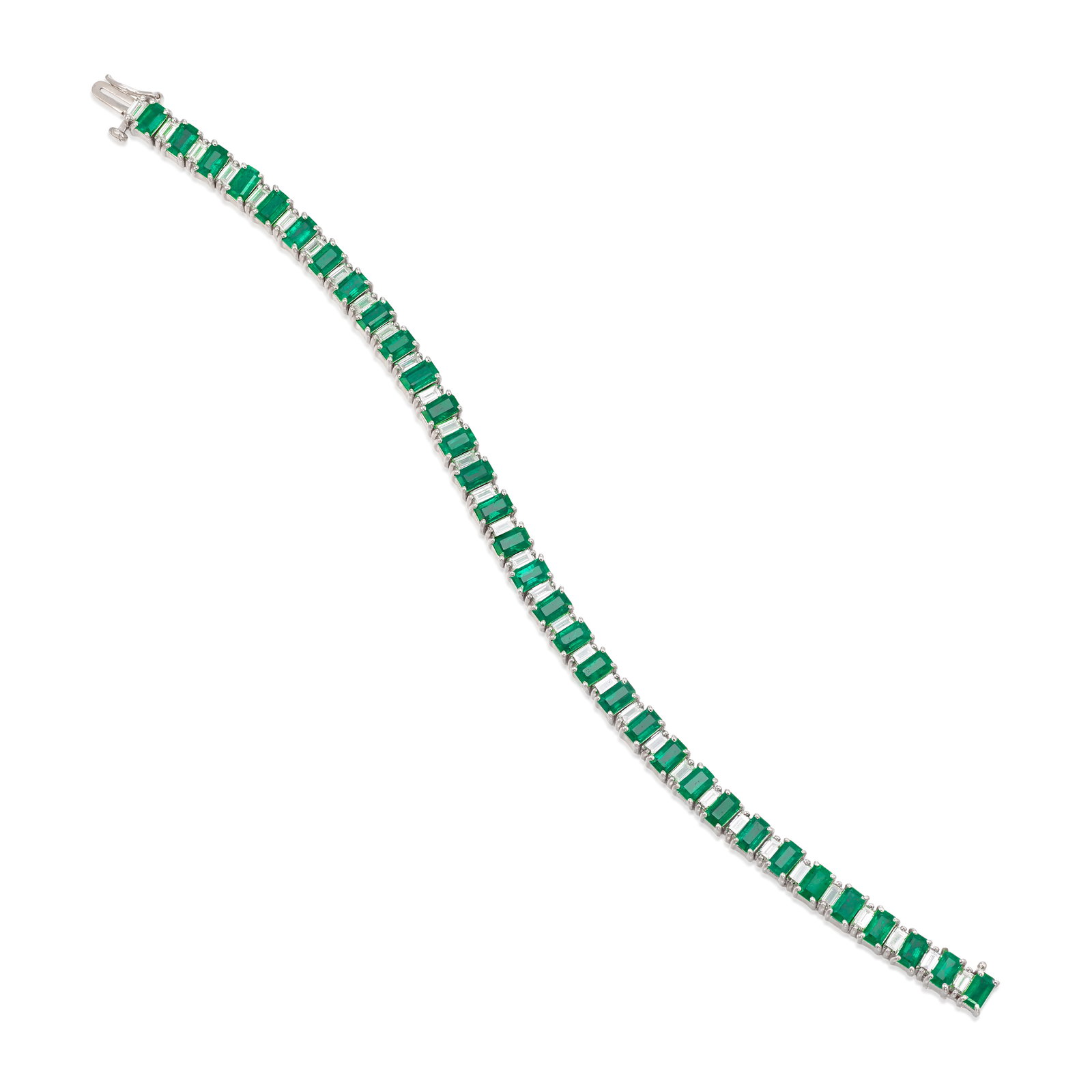 AN 18K WHITE GOLD, EMERALD AND DIAMOND BRACELET: AN 18K WHITE GOLD, EMERALD AND DIAMOND BRACELET A line bracelet, alternating octagonal step-cut emeralds and baguette-cut diamonds; estimated total emerald weight 7.00 carats; estimated total diamond