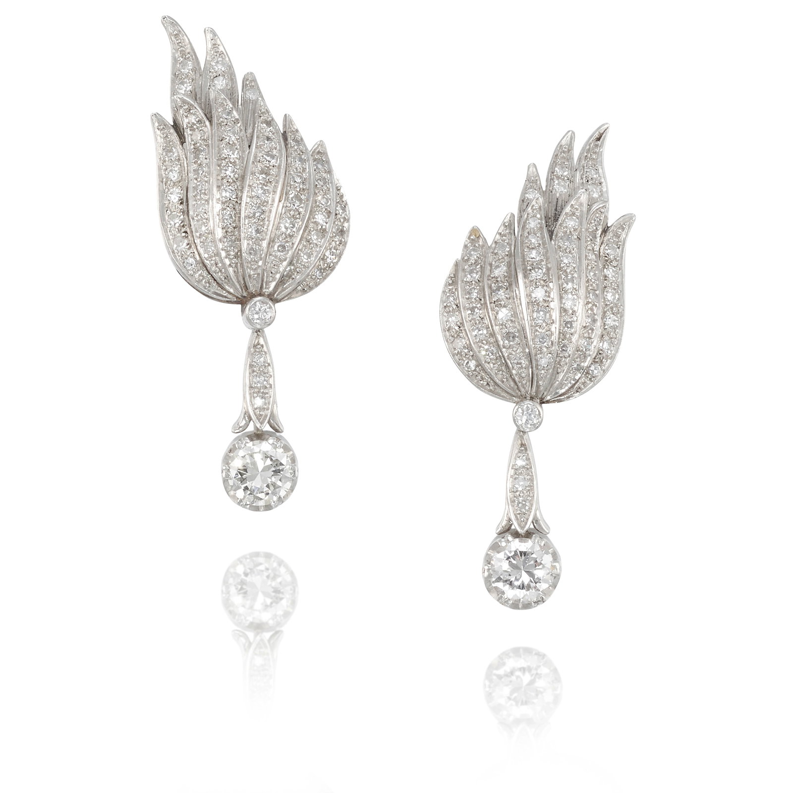 A PAIR OF DIAMOND EARRINGS, CIRCA 1950: A PAIR OF DIAMOND EARRINGS, CIRCA 1950 Each of flame design, comprising single-cut diamonds, suspending partially articulated pendants of round brilliant-cut diamonds; estimated total single-cut
