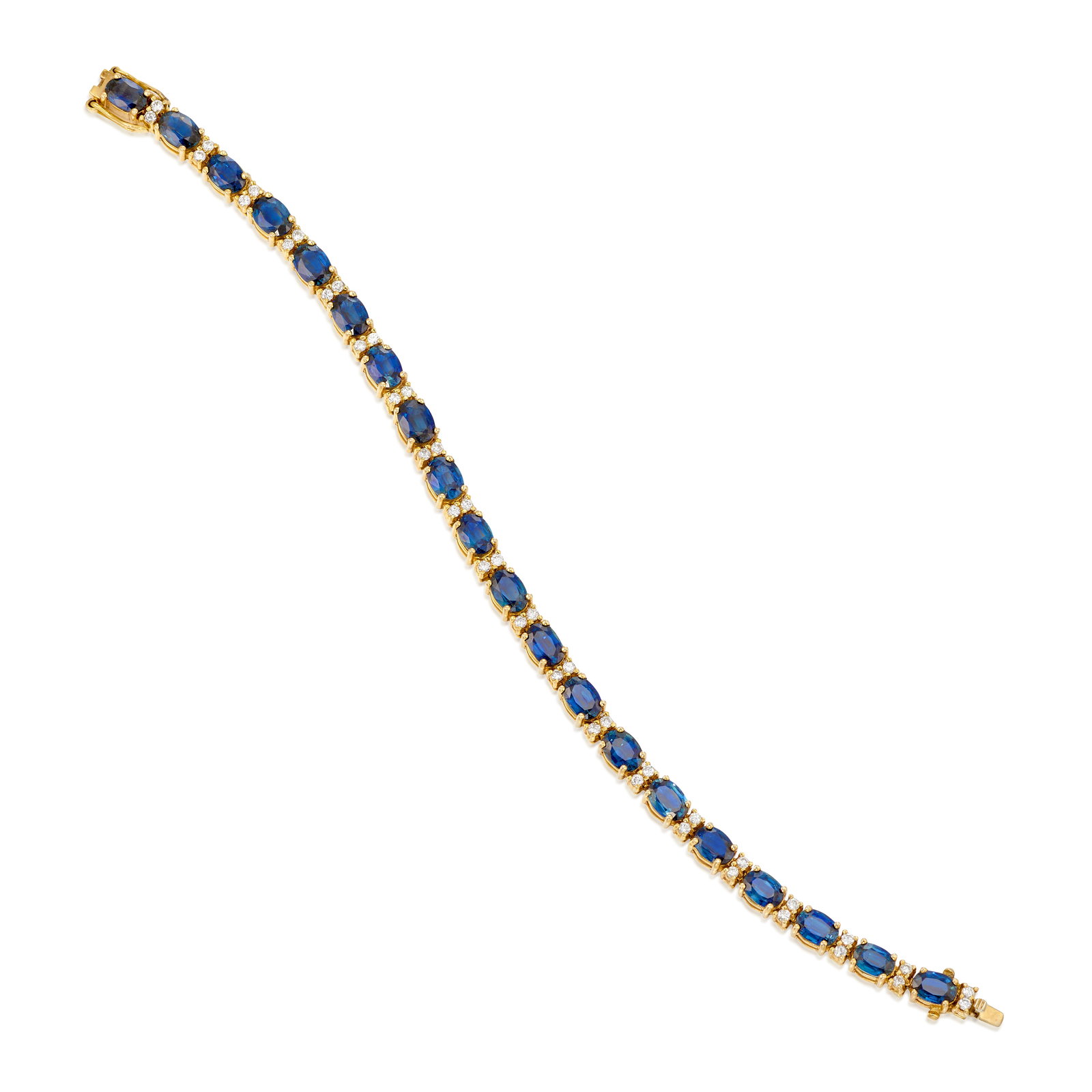 A SAPPHIRE AND DIAMOND BRACELET: A SAPPHIRE AND DIAMOND BRACELET A line bracelet, alternating oval-shaped sapphires and pairs of round brilliant-cut diamonds; estimated total sapphire weight 12.50 carats; estimated total diamond weig